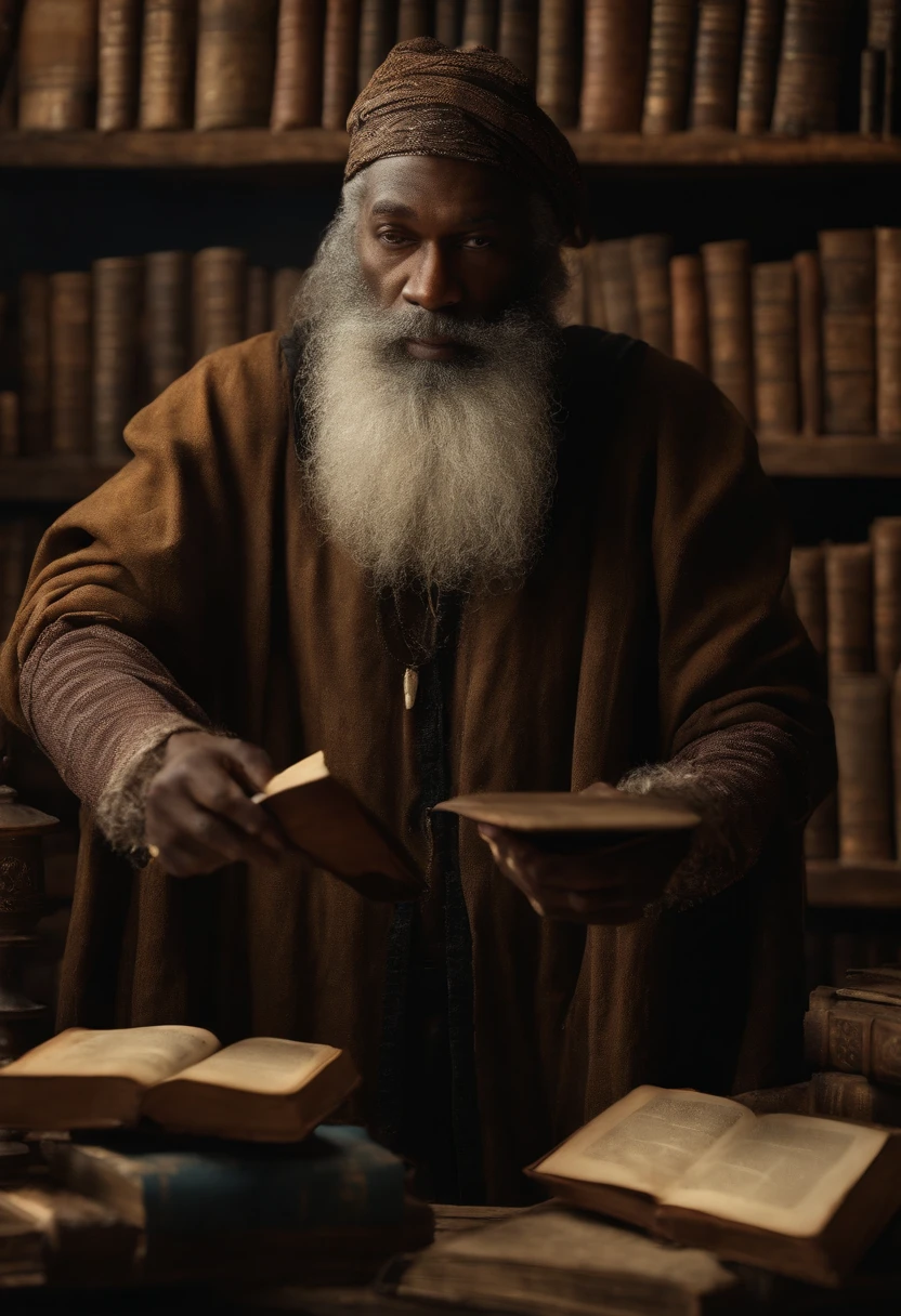 (a wizard of African descent),very old with a long beard, in a rustic and secret place,(shelves of old books). [making magic potions].(best quality,4k,8k,highres,masterpiece:1.2),ultra-detailed,[realistic,photorealistic,photo-realistic:1.37] portraits, [dark and mysterious colors], [subtle and dim lighting], [vintage and antique texture].
