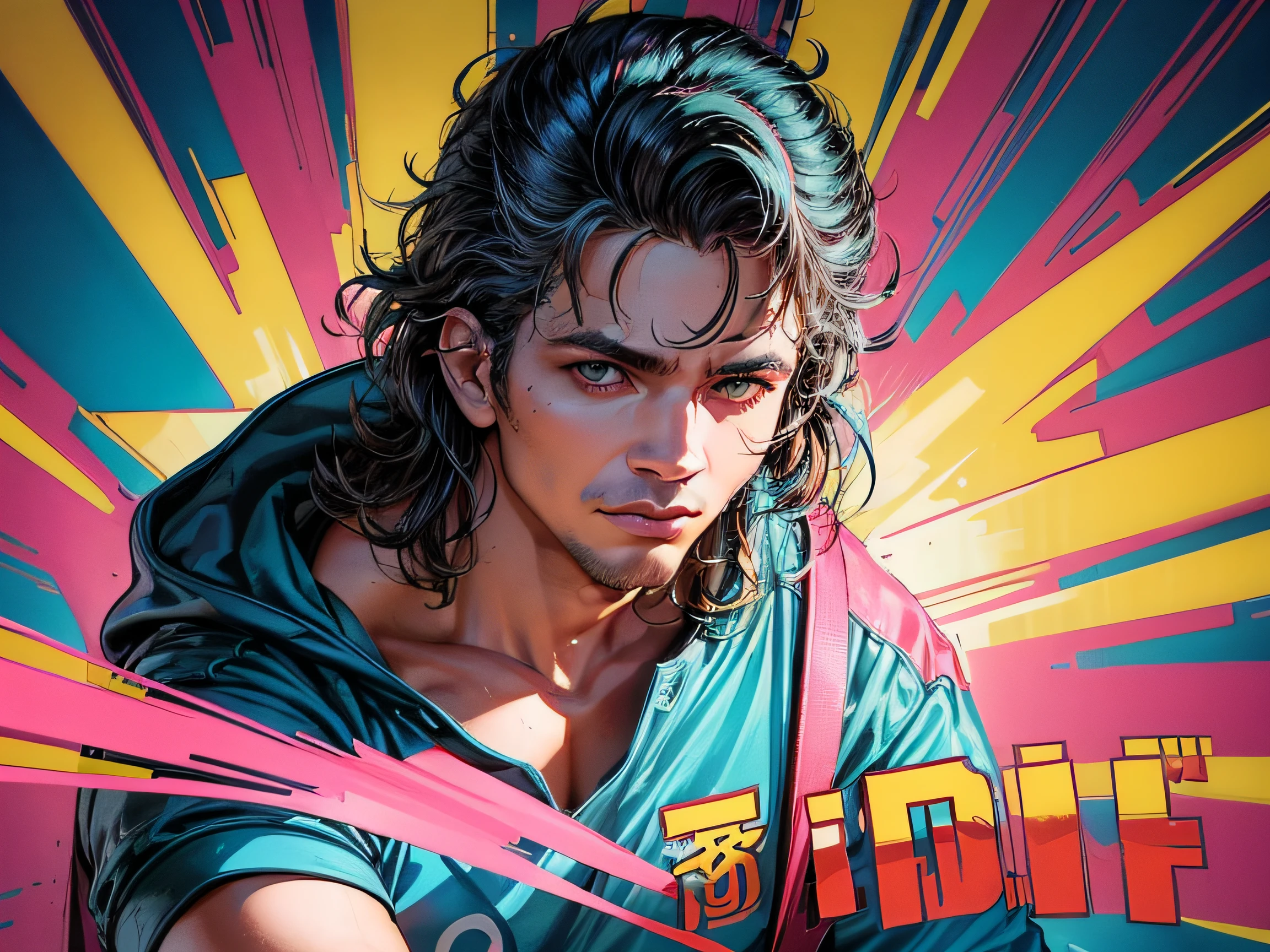 Create a high-quality anime illustration of a man from the 1980s. O foco deve estar na captura de detalhes intrincados, in the best quality and extreme attention to detail. To represent a man who authentically embodies the spirit of the 80s. It should exude the fashion and vibe of the time, possibly with elements of glam rock or new wave influences. Make sure the composition is complex and visually appealing. Use a typical 80's color palette, incluindo cores ousadas e vibrantes.