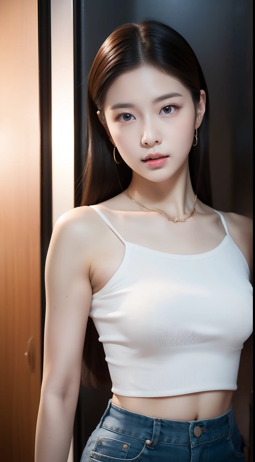 realistic photos of 1 cute Korean star, hair pulled back, white skin, thin makeup, 32 inch breasts size, wearing crop top, in front of the café's door,  night, upper body portrait, dithering, UHD