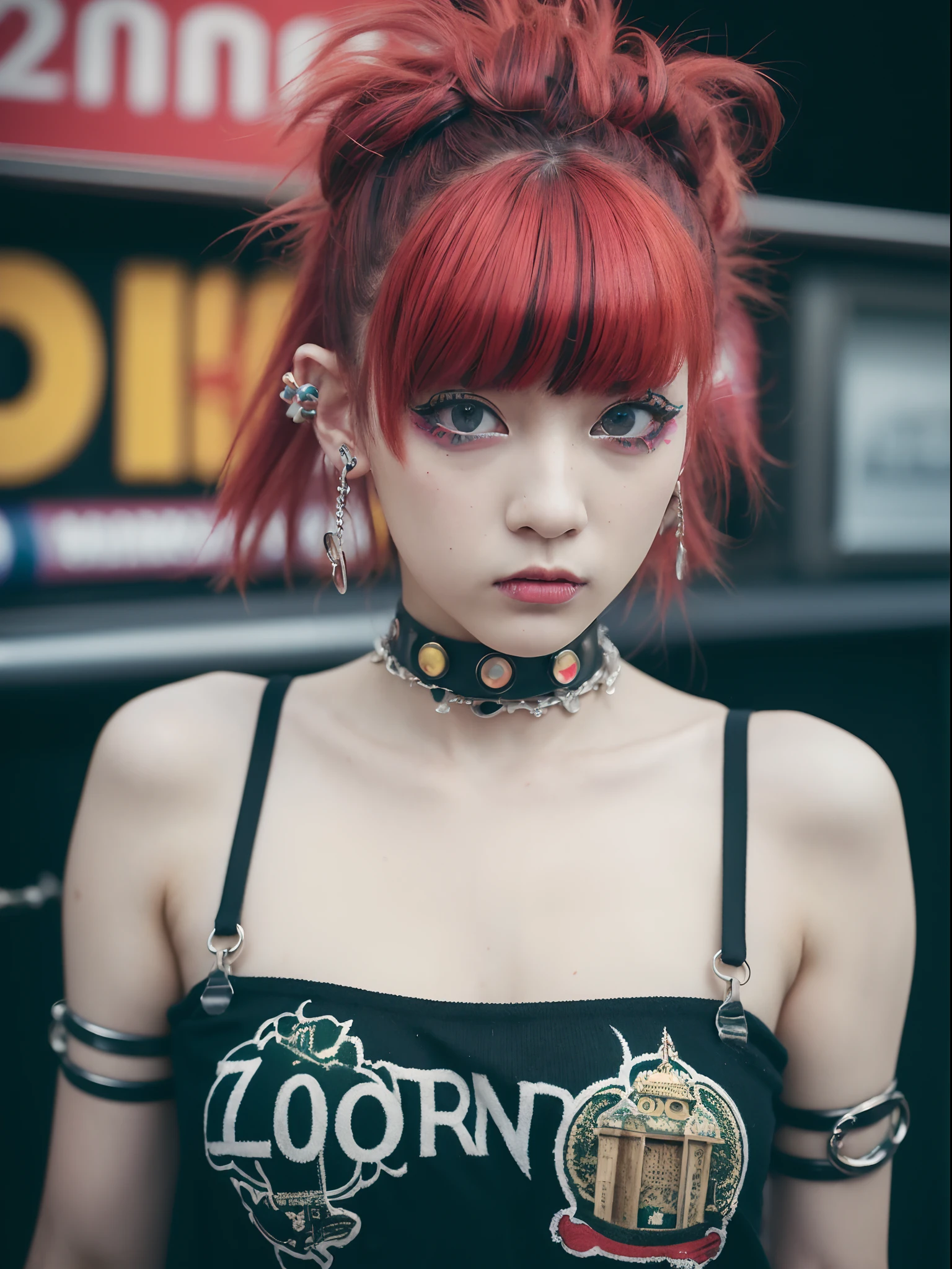 the Extremely Detailed CG Unity 8K Wallpapers、top-quality、ultra-detailliert、​masterpiece、studio shoot、Full body portrait、(London punk fashion of the 70s:1.4), Studsbelt、Stud Bracelet、a choker、Silver Accessories、Vivienne Westwood、Sex pistols、realisitic、Behind the photo、large full breasts、realisitic、Photo Real、extremely detailed cute girl、独奏、17 age、Melancholy look, (Against the backdrop of London's Camden Town:1.4), Tattoo on the arm、Red and green multicolor hair, out of focus、blur、