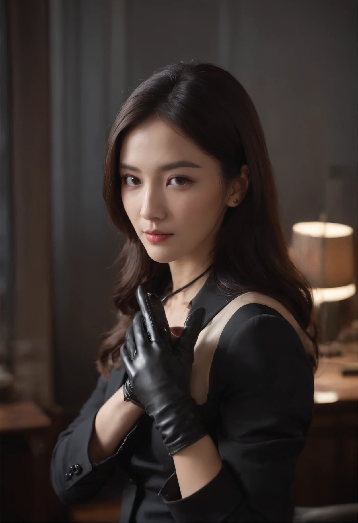 Wearing black leather gloves in both hands, upper body, black business suit, facing the desk in my room with a computer in the dark, operating indifferently while looking at the computer screen with the fingertips of black leather gloves, long black hair bundled in the back, still young, young and very cute face Japanese female new employee (black leather gloves cover both hands)
