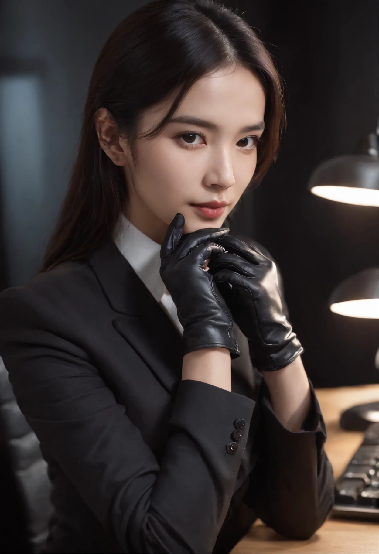 Wearing black leather gloves in both hands, upper body, black business suit, facing the desk in my room with a computer in the dark, operating indifferently while looking at the computer screen with the fingertips of black leather gloves, long black hair bundled in the back, still young, young and very cute face Japanese female new employee (black leather gloves cover both hands)