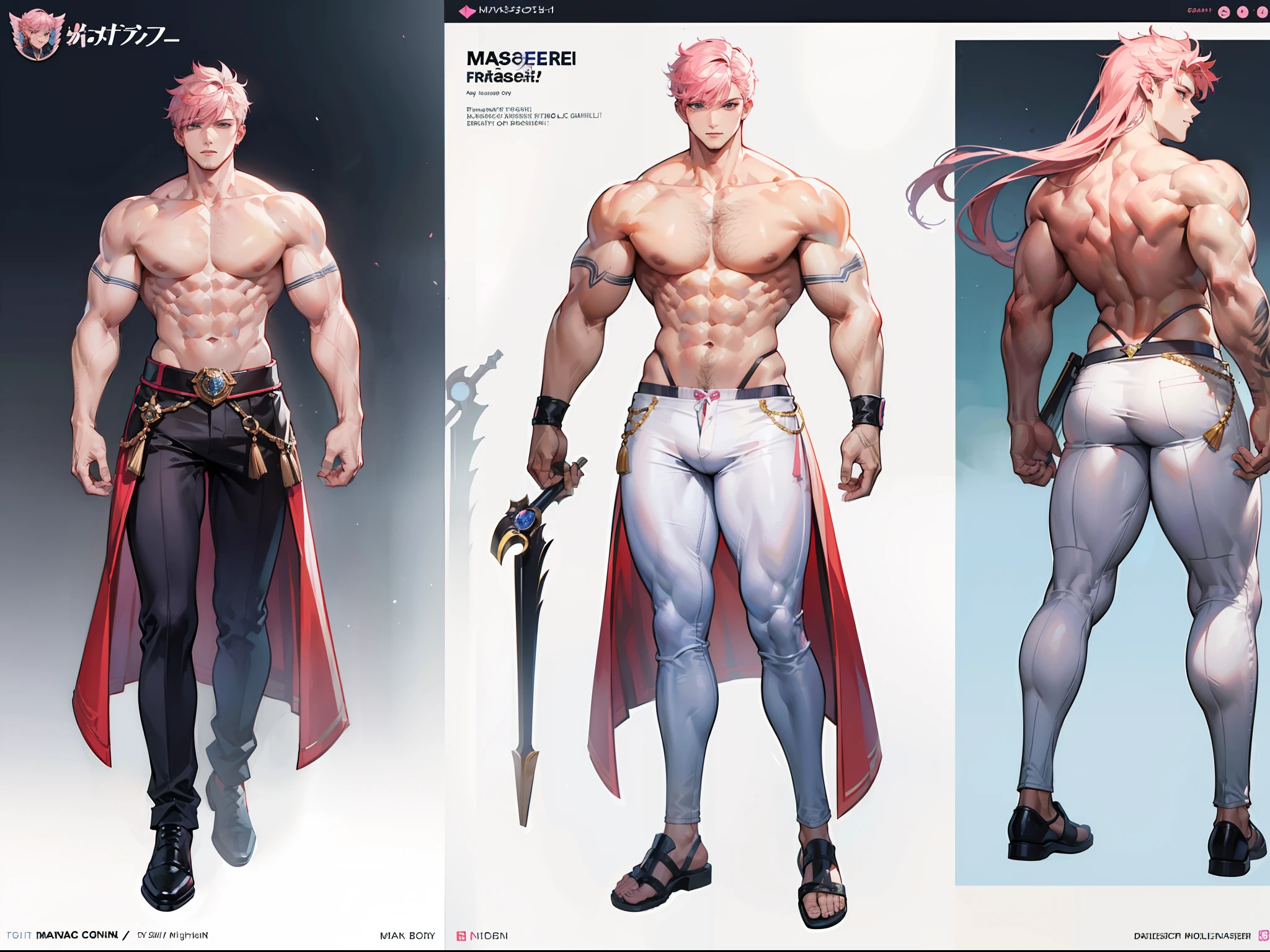 ((Masterpiece, Highest quality)), Detailed face, character design sheet, full bodyesbian, Full of details, frontal body view, back body view, Highly detailed, Depth, Many parts, Muscle boy with pink hair,handsome man, muscle body, white outfit male gods, man tall