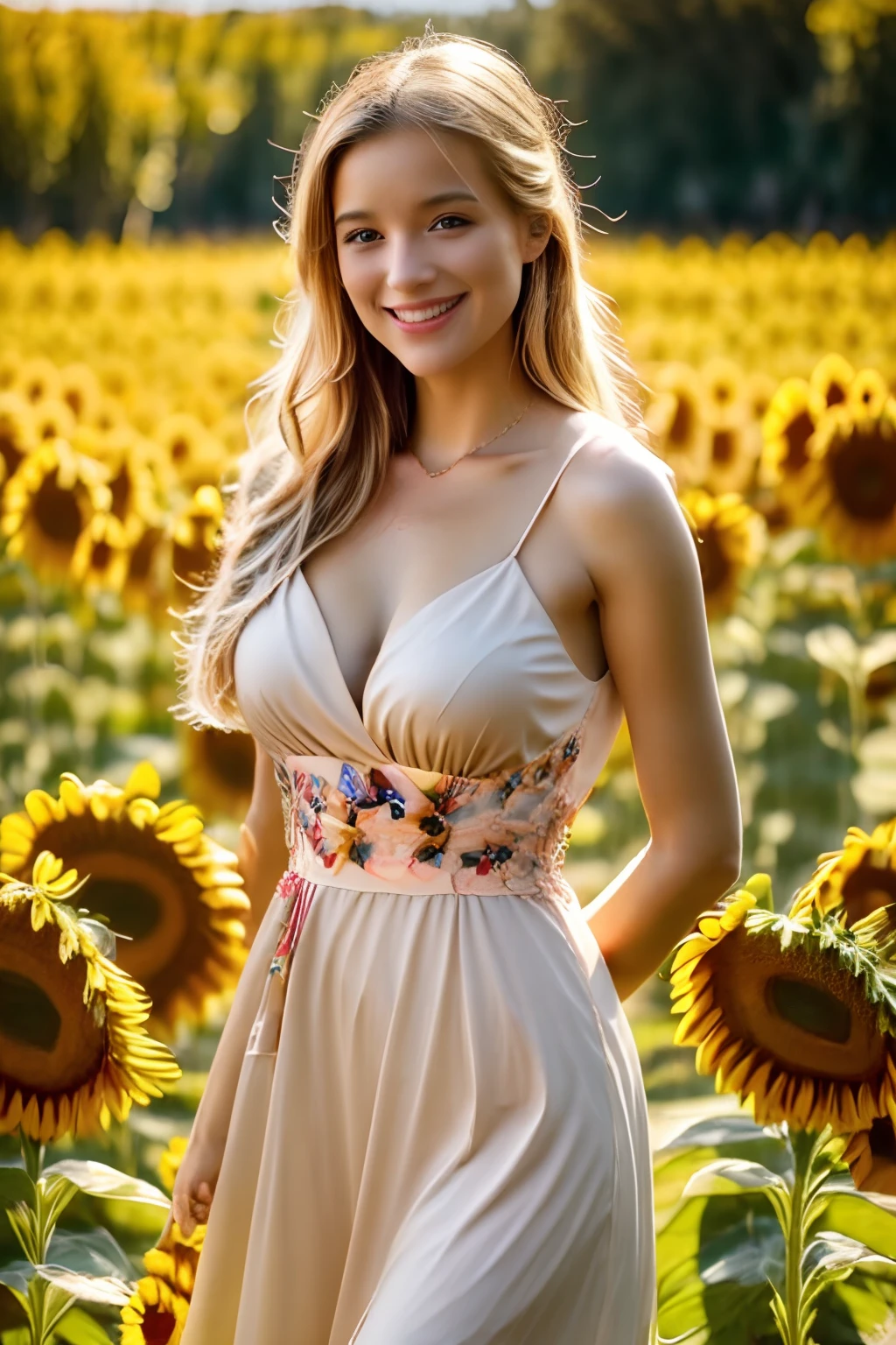photo taken with an IPHONE 14 PRO of a Beautiful Blonde Girl Wearing a Beautiful Red Dress, Field of Sunflowers, Angelic Smile, Radiant Beauty, Ultra Realistic, High Resolution