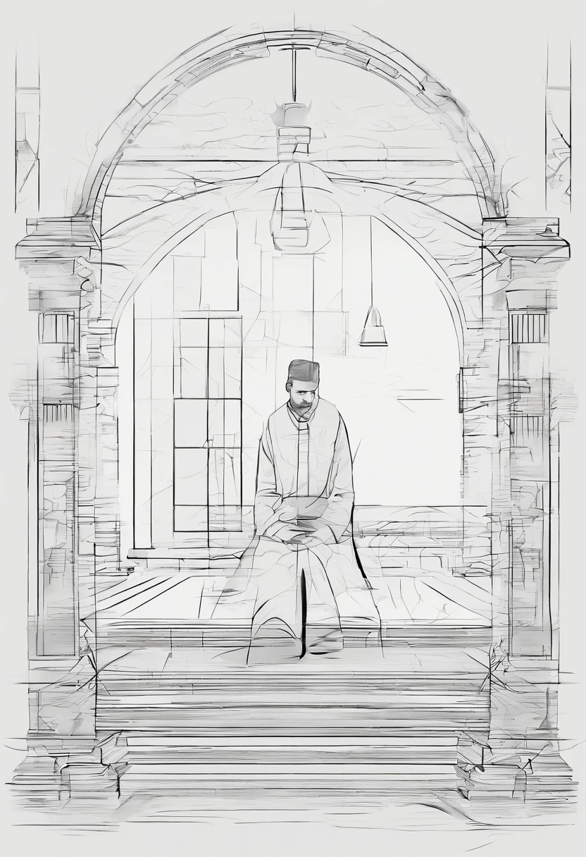 One person is in prison，He clasped his hands to the cell，Kneeling on both knees，His eyes were full of disobedience，Brow furrowed，Express the word difficulty