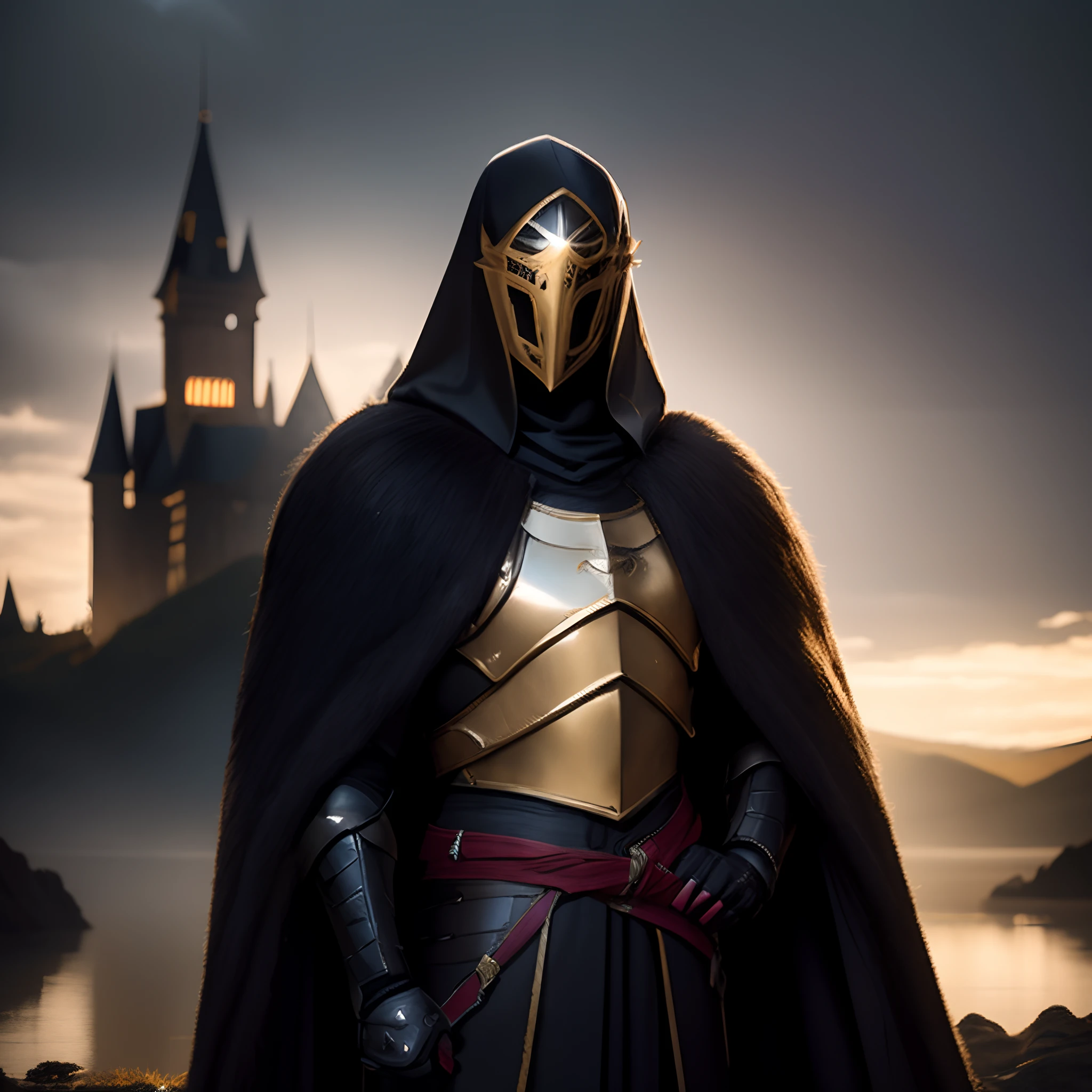 cavaleiro arafed em uma armadura dourada e capa preta em frente a um castelo, full portrait of magical knight, Foto do personagem de fantasia, Armadura preta e dourada, Noturno de League of Legends, anthropomorphic raven knight, cavaleiro do mal, O Cavaleiro do Cavaleiro Oco, posando como um cavaleiro, Arsen Lupin como um paladino, Armadura preta e dourada