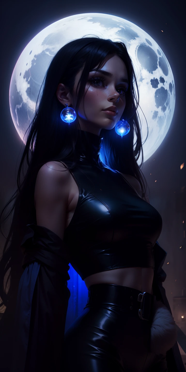 Blue Moon, Night Sky, Beautiful Female Werewolf, Mid-Length Hair, glowing orange eyes, realisitic, highly detailed, Unreal Engine, 8k