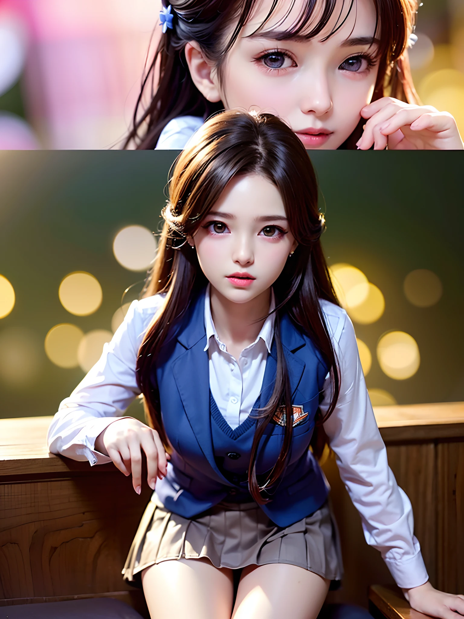 (2 young girls), (extremely detailed beautiful face), Amazing face and eyes, (Best Quality:1.4), (Ultra-detailed), (extremely detailed CG unified 8k wallpaper), Highly detailed, High-definition raw color photos, Professional Photography, Realistic portrait, Amazing face and eyes, Pink eyes, (High School Uniform, Pleated mini-skirt:1.3), Twin-tailed, Brown hair, Model, (((Bokeh))), depth of fields, School, crass room, Sitting, View from below,