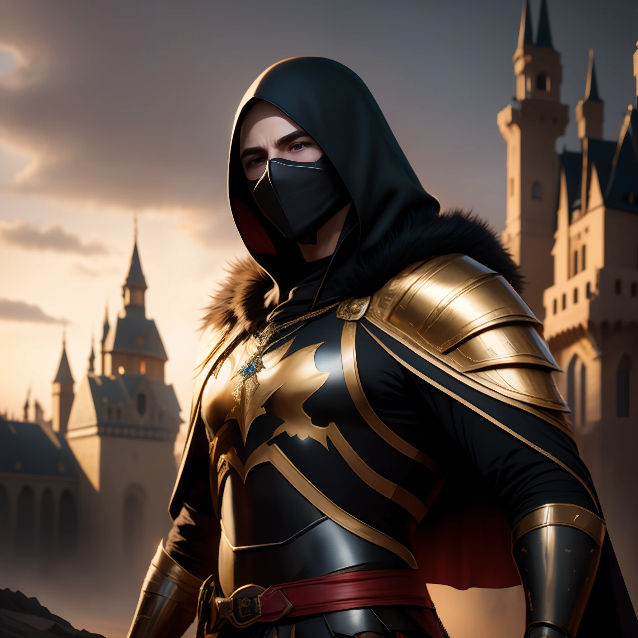 Arafed knight in full armor with a mask standing in front of a castle, Anor Londo, Armadura preta e dourada, Cassandra Cain em Cetim, Armadura preta e dourada, Arsen Lupin como um paladino, arte do personagem do motor irreal, MK Ninja, Tuomas Korpi e Wlop, usando armadura assassina de couro, heroes of might and magic, Cassandra Caim