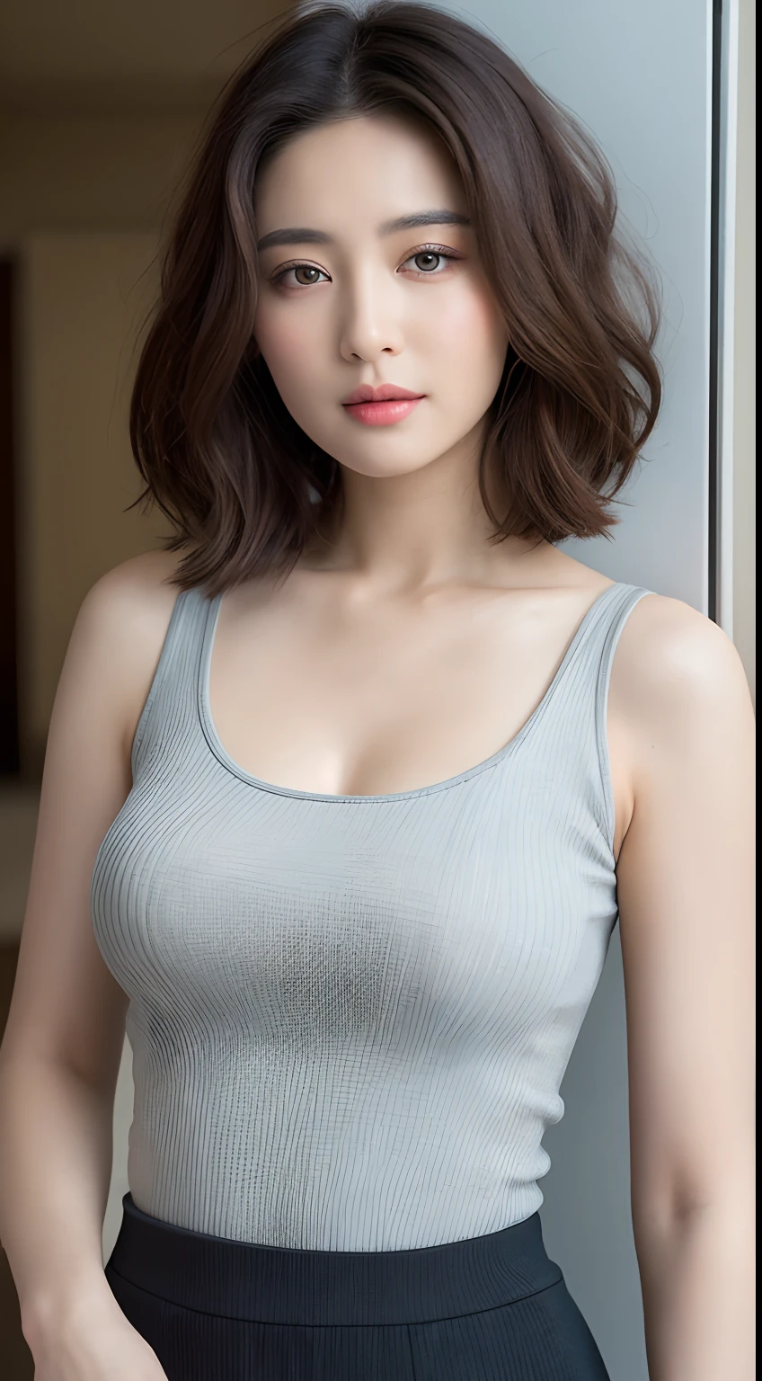 ((Best quality, 8k, Masterpiece :1.3)), Sharp focus:1.2, Perfect Body Beauty:1.4, Slim Abs:1.2, ((Layered hairstyle, Big breasts:1.2)), (Tank top shirt:1.1 ), (Street:1.2), Highly detailed face and skin texture, Fine eyes, Double eyelids, Seduction, short skirt, flight attendant, long brown hair, office chair, hip skirt, Big breasts do not leak points, high-definition facial features, 8K