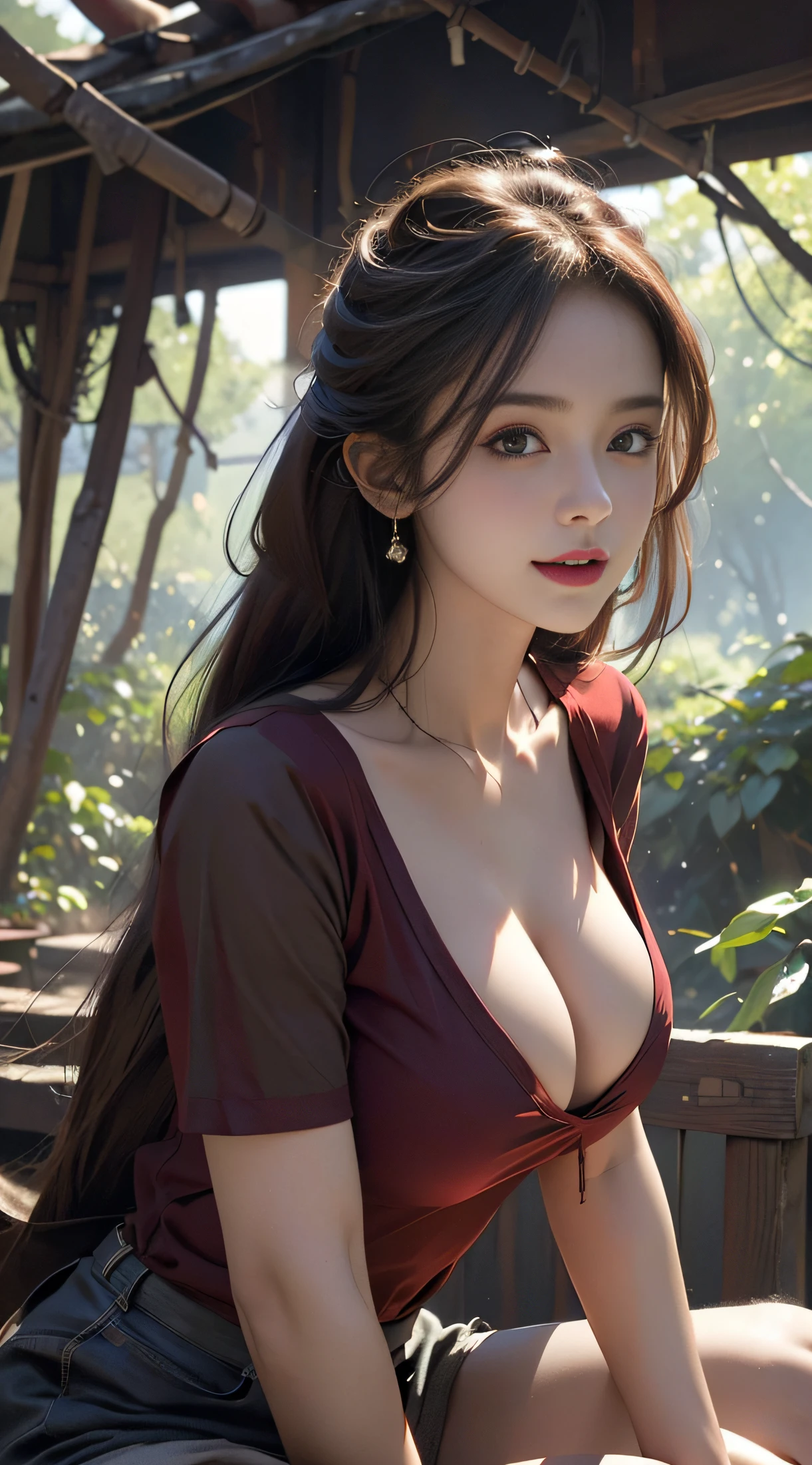 best qualtiy,tmasterpiece,超A high resolution,perfect anatomia,(Fidelity:1.4),RAW photogr,ssmile,Red sheer T-shirt,cleavage,25-year-old female,In the forest,cow boy shot,cinmatic lighting,adolable,, (NSFW:1.2)
