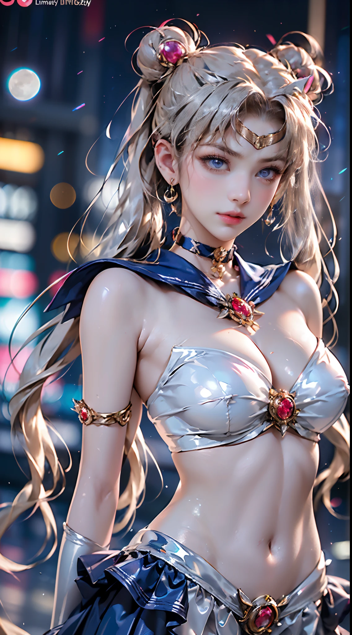 masutepiece, full: 1.3, to stand, 8K, 3D, Realistic, Ultra Micro Photography, of the highest quality, Extreme Details CG Unity 8K Wallpapers, From below, Intricate details, (nsfw:1.2),(1 female), 28 years old, (meishaonv,Sailor Moon,tiarra, Sailor Senshi Uniform Sailor: 1.2, Sailor Moon: 1.2), Incredibly long bright twin-tailed blonde, Thin and very long straight twin tail blonde, Hair bun, Red round hair ornament in a hair bun, Sailor Senshi Uniform, huge tit, (Silver-blue collar, blue sailor collar, Silver blue pre-gate ultra mini skirt: 1.3,Pants are visible,Super High Leg Swimsuit, very large red bow on the chest,,: 1.3, Long white latex gloves: 1.3, Red gloves on the elbows, very large red bow behind the waist,: 1.1, cleavage looks bigger:1.2, a golden tiara, earrings), (Face Details: 1.5, Bright blue eyes, Beautiful face, Beautiful eyes, shiny eyes, thin lips: 1.5, thin and sharp pale eyebrows, long dark eyelashes, Double eyelashes), Luxurious Golden Jewelry, Thin, thin and muscular,,, a small face, Perfect proportions, thin waist, SEXY Model Pose, Visible Pore, Seductive smile, Perfect hands: 1.5, Very thin and fitting high gloss silver-white holographic leather, Octane Rendering, highly dramatic picture, Strong natural light, Sunlight, exquisite lighting and shadow, Dynamic Angle, Digital SLR, Sharp Focus: 1.0, Maximum clarity and sharpness, (Space background,Moon, dynamic background, Detailed background),(Rabbit, Double bun, Twin-tailed, Parted bangs, circlet, Jewelry, earrings, Choker, Red bow, White Gloves, elbow groves, Blue skirt
),nffsw