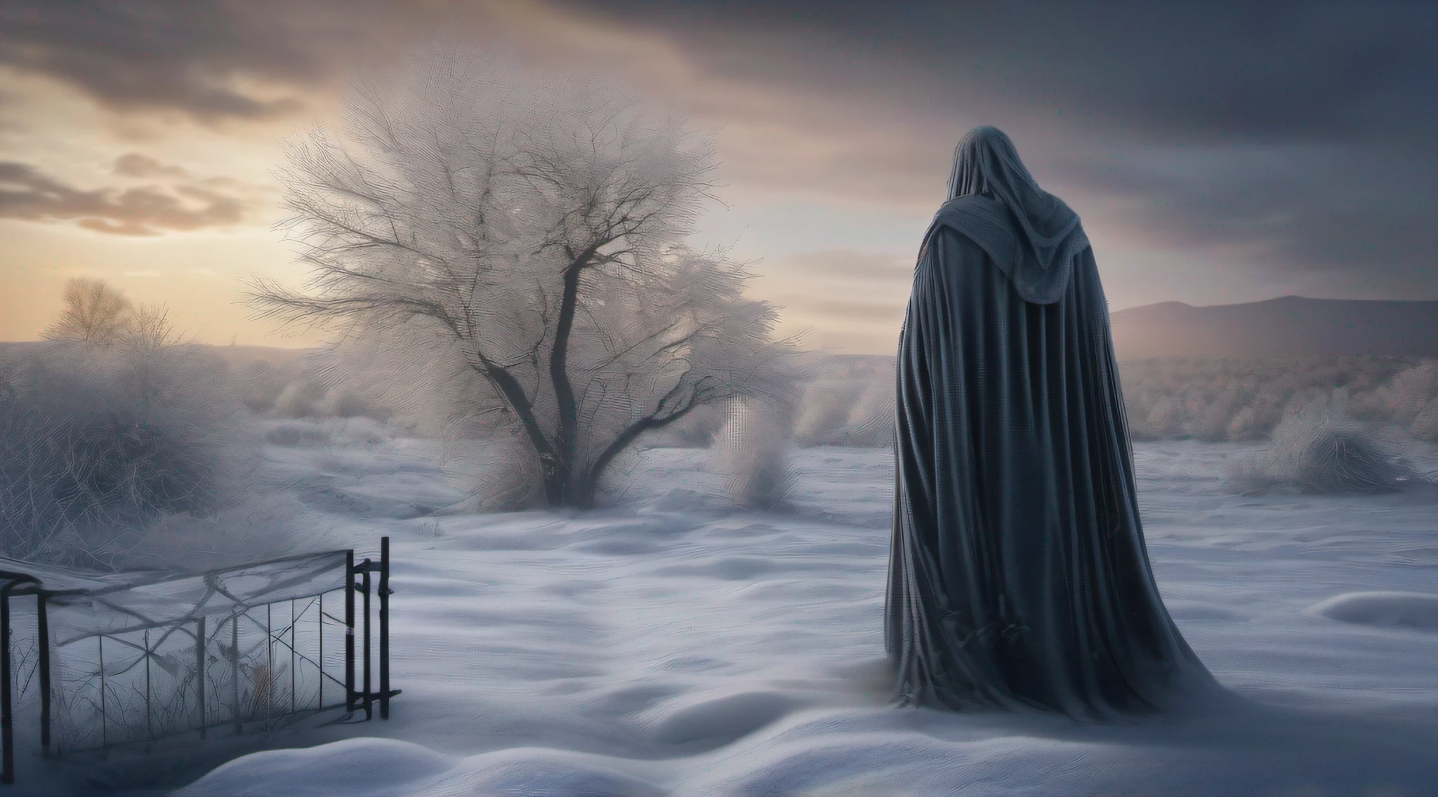(best quality,4k,highres:1.2),ultra-detailed,(realistic,photorealistic:1.37),ghostly figure,hiding in the solitude of still nature,cold winter night,freezing wind,sharp chills,icy atmosphere,piercing coldness,deserted graves,crisp frosty air,biting winter breeze,winter wonderland,icy landscape,frozen beauty,frost-covered trees,icy branches