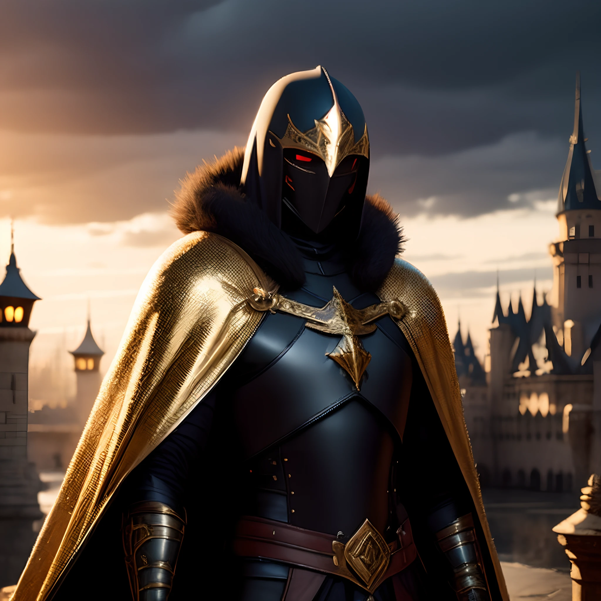 Arafed knight in full armor standing in front of a castle, usando armadura pesada com capa, Armadura Obsidiana de Ouro, Armadura preta e dourada, Armadura obsidiana de ouro pesado, anthropomorphic raven knight, estilo fantasia 8 k octane render, Senhor de Cinder, Tor, da Marvel, Arsen Lupin como um paladino, full portrait of magical knight