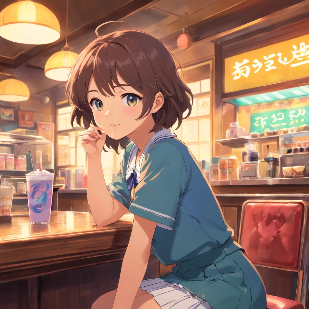 Sitting in a seat in an 80s-style Showa retro coffee shop、Seiko-chan Cut Girl Drinking Cream Soda。Clothes are retro blouses and skirts。