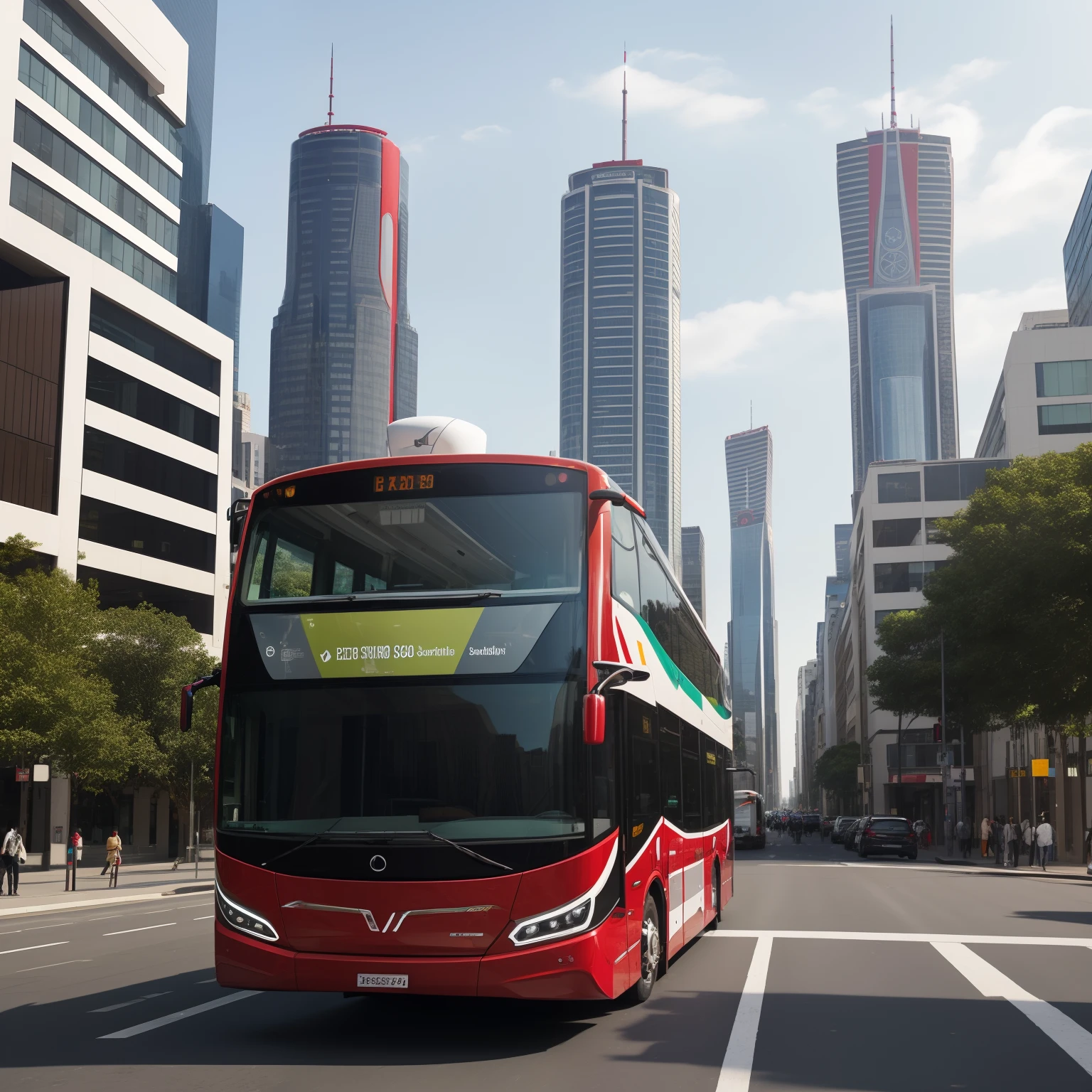 red and white,electric bus,new modern,City of São Paulo,photography,urban transportation,detailed european style design,red with a white strip in the side,innovative technology,environmentally friendly,efficiency,sleek shape,urban landscape,traffic,public transit,sustainable,zero emissions,vibrant colors,futuristic design,sleek lines,efficient energy use,green transportation,city life,modern society,cityscape,passengers,clean air,pollution-free,forward-thinking,smart city,sustainability,advanced infrastructure