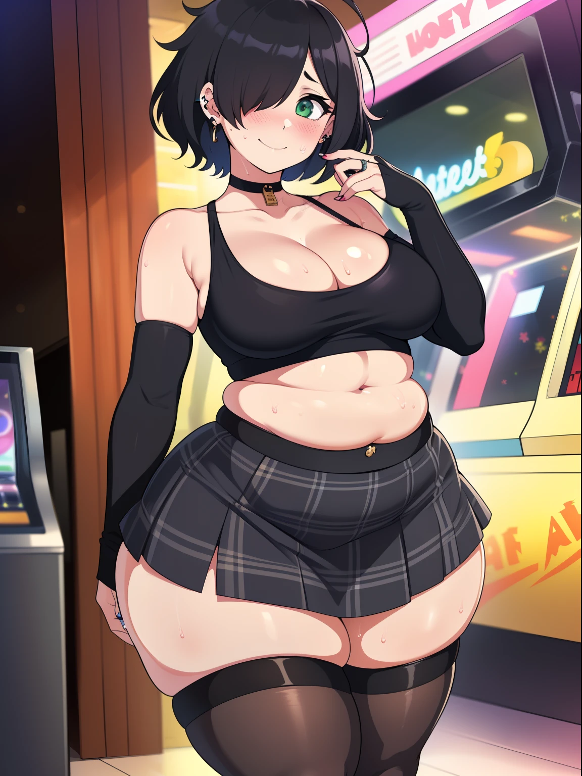 ((highres)), Masterpiece, high quality, best quality, beautiful, perfect lighting, detailed face, ultra cute face, ((1girl)), ((solo), skindentation, full body, short hair, (black hair), ((hair over one eye)), (Fluffy hair), messy hair, looking at viewer, green eyes, (((blush))), warm smile, nervous, affectionate, cute, goth girl, sweating, ear piercing, choker, ((black crop top)), plaid skirt, (short skirt), thigh highs, black arm warmers, medium breasts, cleavage, ((wide hips)), (((thick thighs))), (pudgy belly), standing, arcade