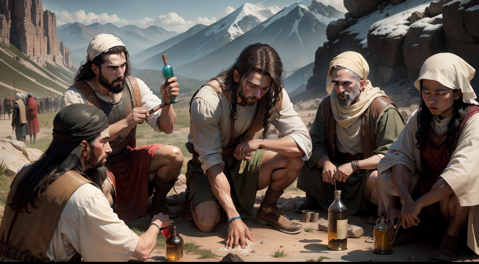 pouring oil on the head of a man on a mountain with several people in clothes from biblical times