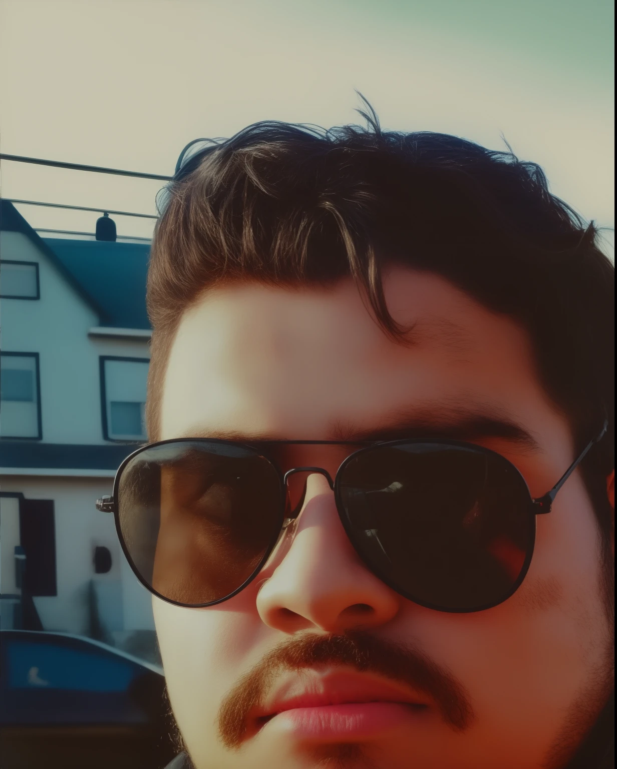Hay un hombre con gafas de sol y una chaqueta roja parado frente a una calle, Retrato disparado 8K, imagen de muy muy muy baja calidad, Foto de baja calidad, Foto de perfil, foto de perfil, low quality photograph, nice afternoon lighting, with the sun shining on him, Christian Orrillo, andres rios, foto de perfil 1024px, foto de la calle, Retrato a mitad de plano