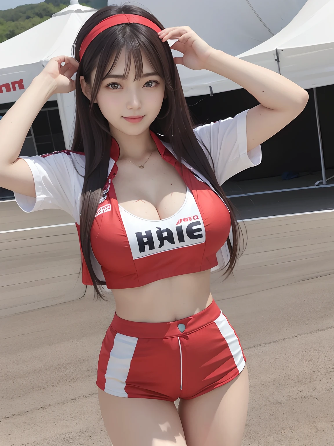 (4 k、top-quality)、(realisitic、Photorealsitic)、(Yakian)、
1girl in、独奏、fullllbody、(face to the viewer)、
perfect hand、up looking_で_the viewer、
whiteshirt、
Daytime、Circuit field、finerly detailed face、Slightly chubby、The best smile、You can see the double teeth、white hairband、Light brown long curled hair,,(super gigantic breast, cleavage:1.2),(Red Race_queen、I'm wearing shorts:1.3), (Cameltoe),、Nogizaka Idol、actress、Korean Idol、hposing Gravure Idol,place one's arms behind one's back,raise both arm,(Aside)、
