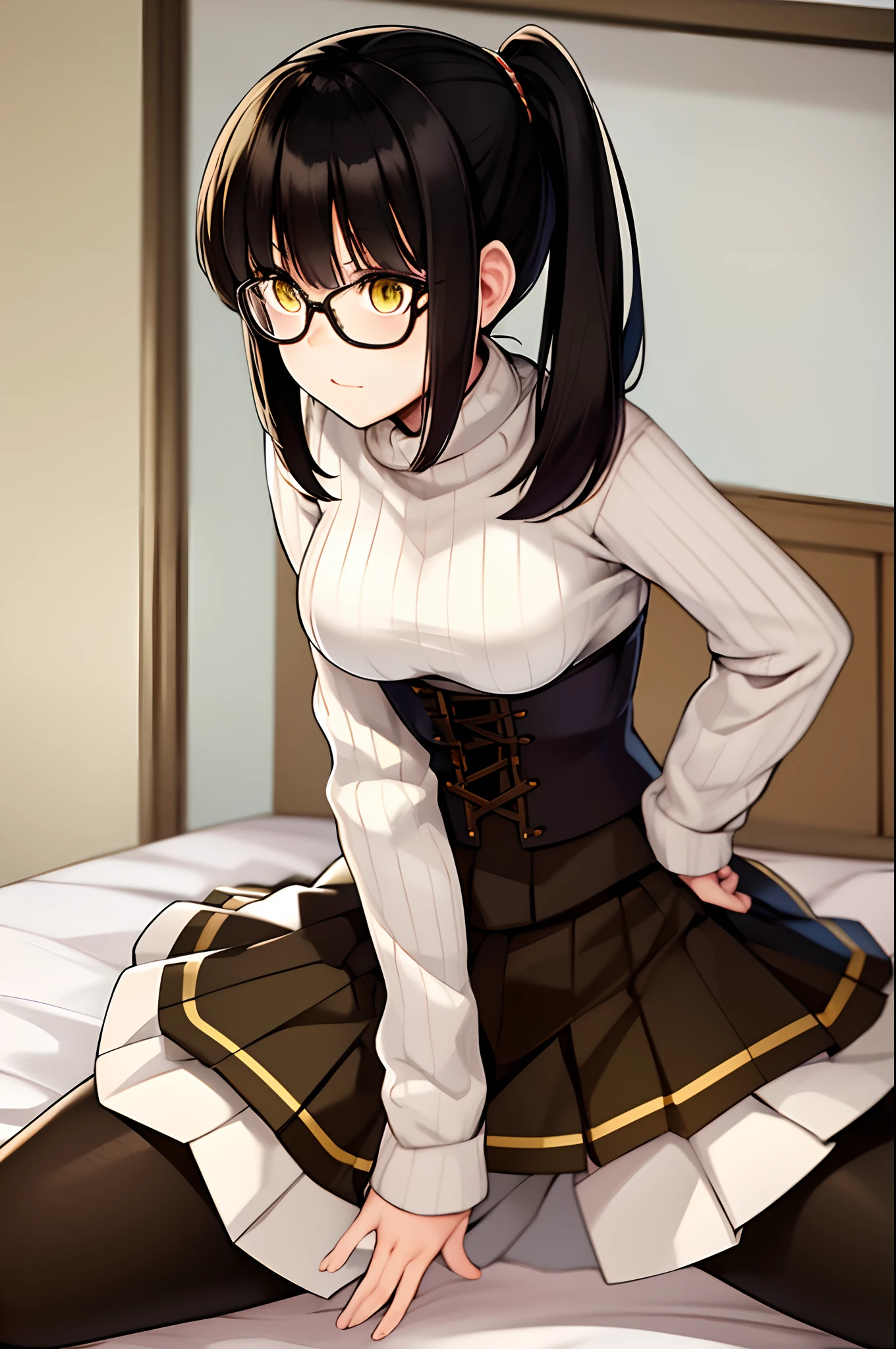 Ren, 1girl, solo, black hair, long pigtail, yellow eyes, glasses, khaki colored Sweater, corset, Pleated skirt, black pantyhose, sitting, on bed, masterpiece, best quality