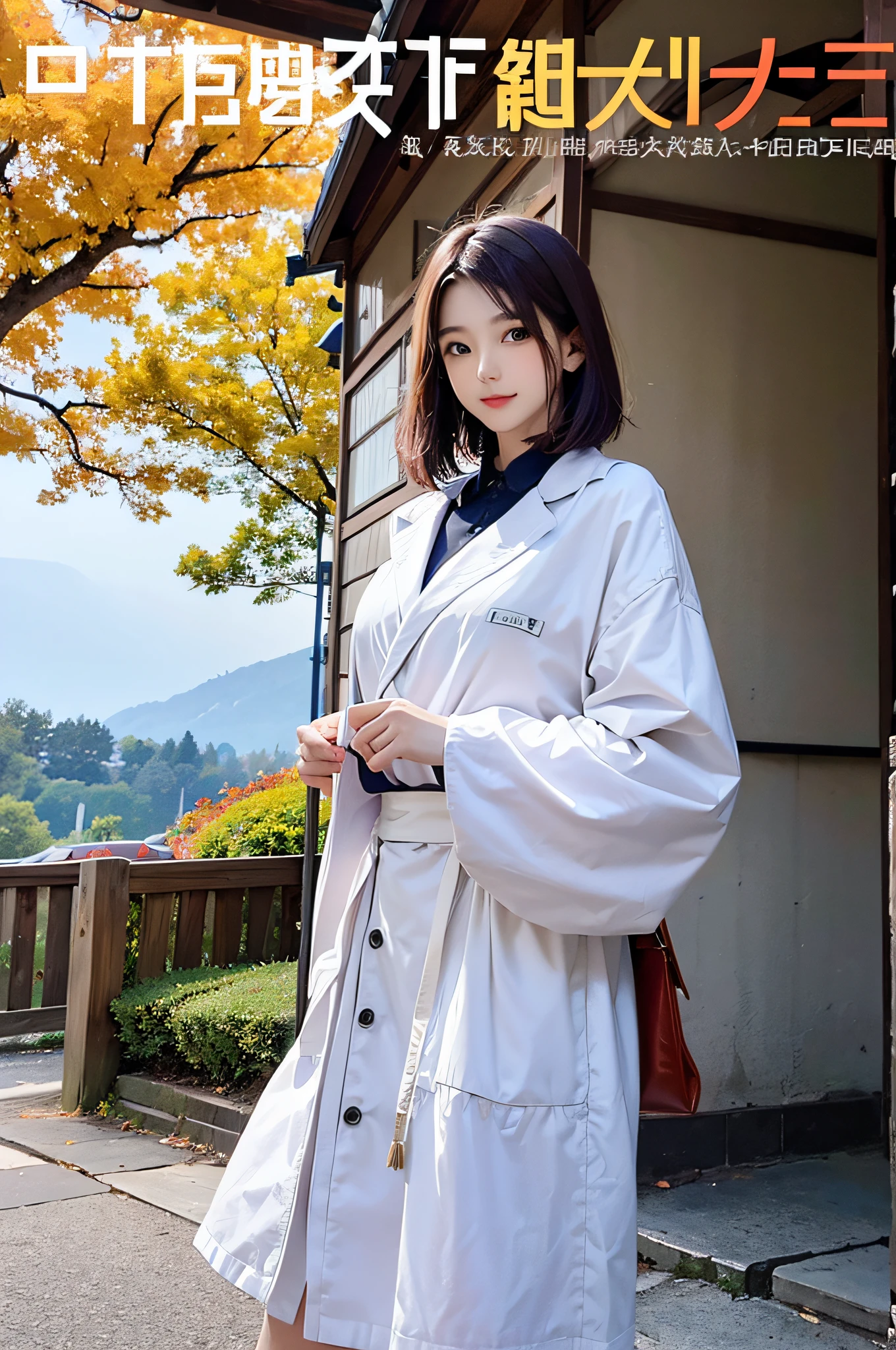 masterpiece、top-quality、Autumn costume、colourful hair、outside of house、Magazine covers、The upper part of the body、