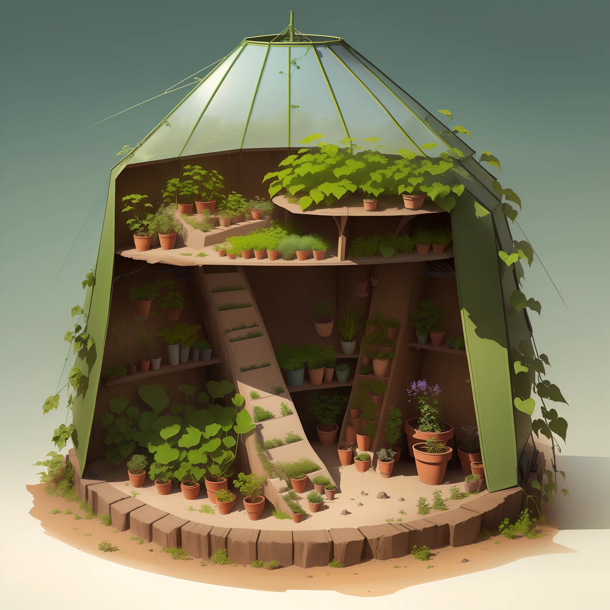 A detailed technical drawing of a Martian greenhouse, where plants are grown to sustain the colony, with life support systems.