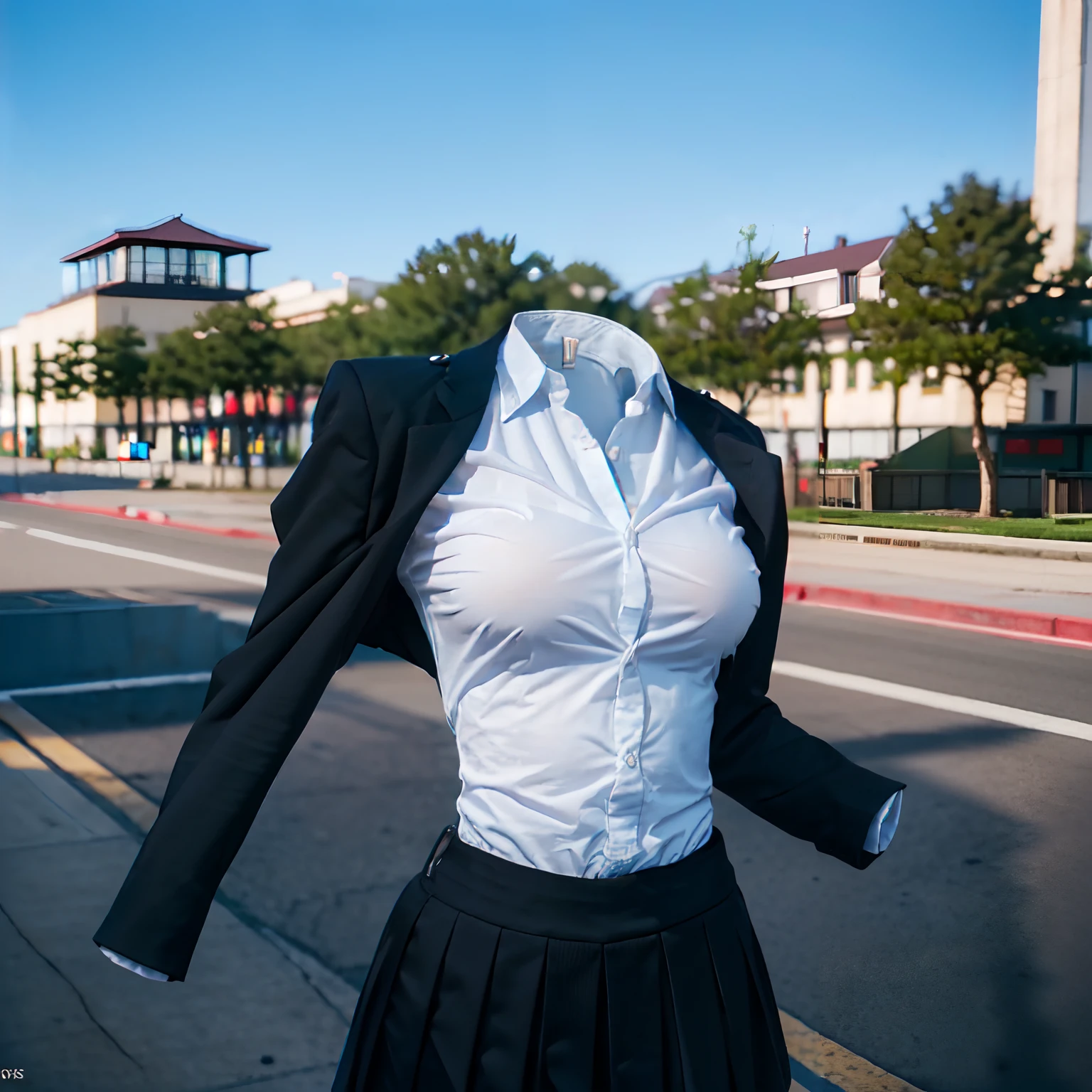 school uniforms, ((invisible, no humans:1.5, headless:1.5, handless, legless)), big breast, (close-up to breast), from behind,
(8k, RAW photo, best quality, masterpiece:1.2), (realistic, photo-realistic:1.37),photon mapping, radiosity, ((Hasselblad photography)),physically-based rendering,