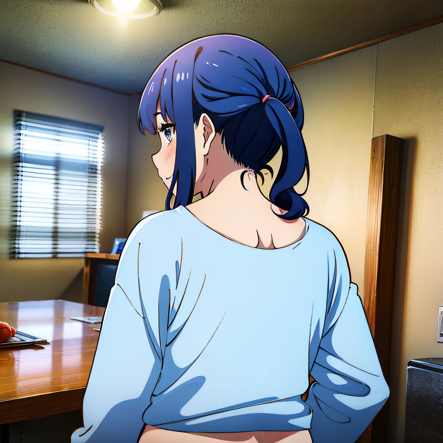 blue hair, ass, ?????, shirt, twin tails