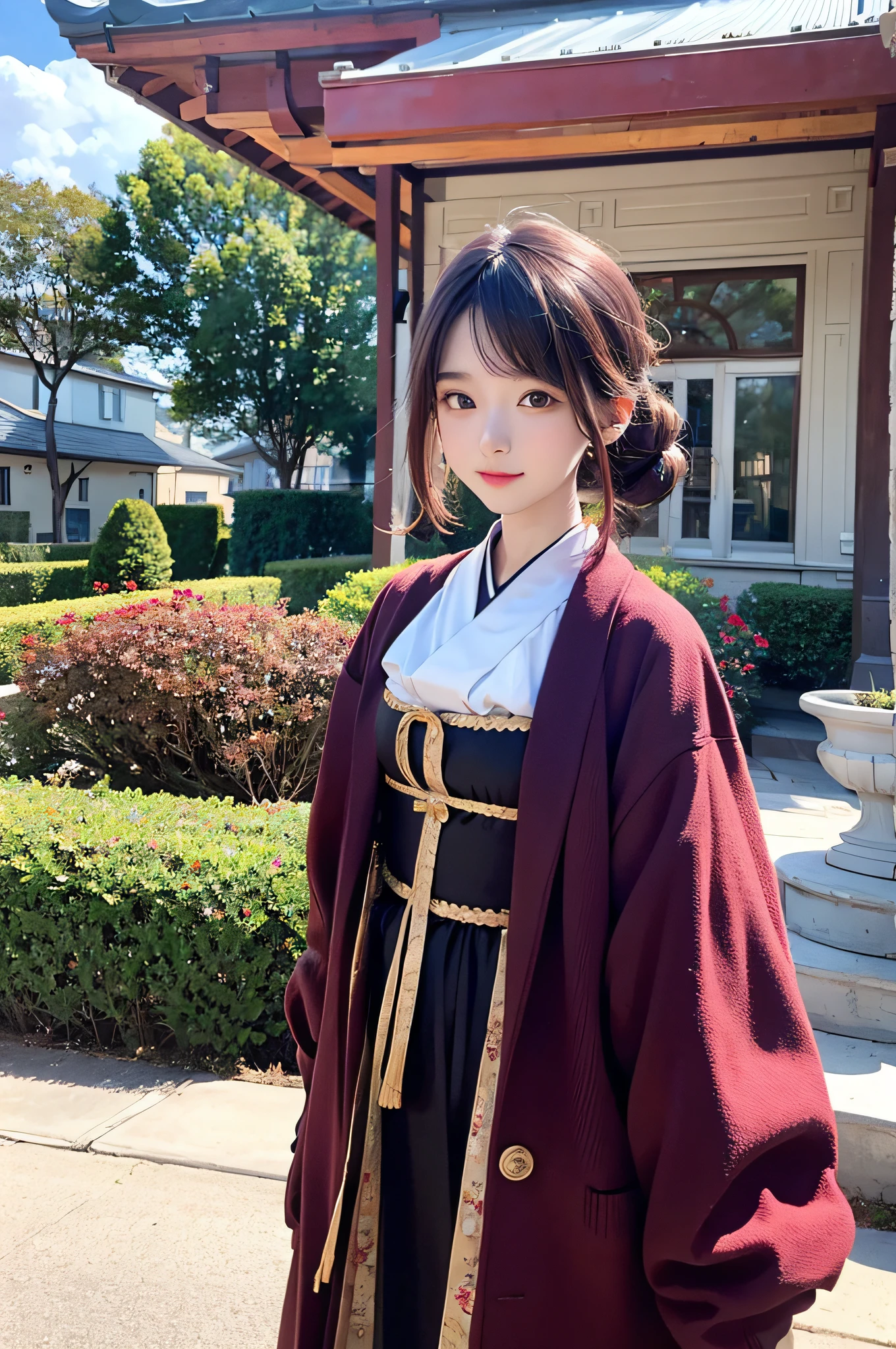 (masterpiece),best quality,good anatomy, shuimobysim,(1 girl:1), (upper body),(smile),short hair,(hanfu),(ecchi0.5), (trees:0.5), (flowers:0.6) ,(wooden house:0.2),(bamboo forest:0.2),(creek:0.2),(river:0.2),
