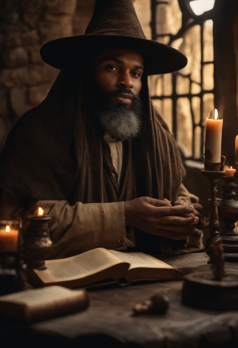 (a wizard of African descent),muito velho com uma barba longa, in a rustic and secret place,(estantes de livros antigos). [Making magic potions and giving wise advice].(melhor qualidade,4k,8k,Altas,master part:1.2),ultra-detalhado,[Realistic,fotorrealista,photo-realistic:1.37] Retratos, [Cores escuras e misteriosas], [Subtle and dim lighting], [textura vintage e antiga].