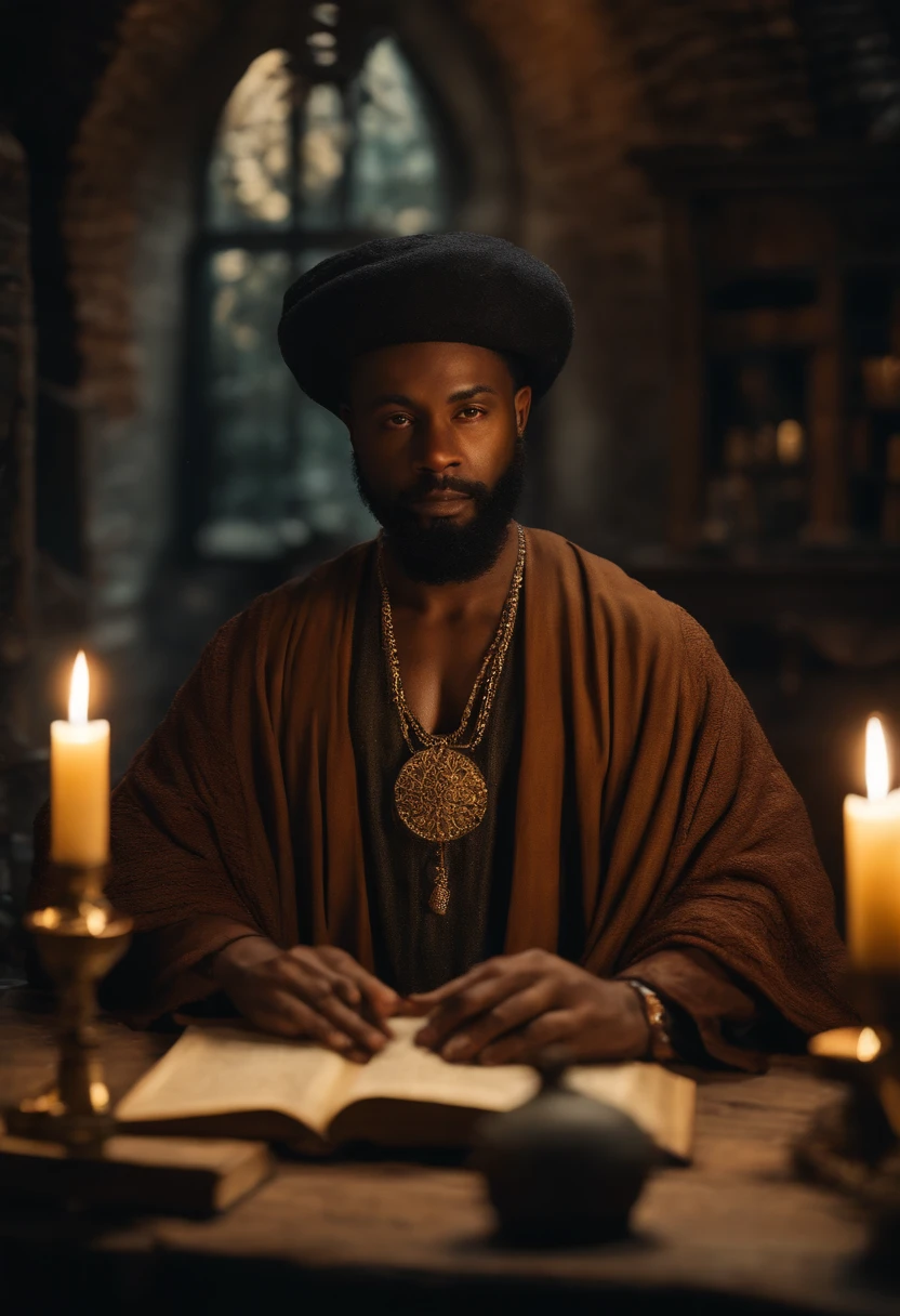 (a wizard of African descent),muito velho com uma barba longa, in a rustic and secret place,(estantes de livros antigos). [Making magic potions and giving wise advice].(melhor qualidade,4k,8k,Altas,master part:1.2),ultra-detalhado,[Realistic,fotorrealista,photo-realistic:1.37] Retratos, [Cores escuras e misteriosas], [Subtle and dim lighting], [textura vintage e antiga].