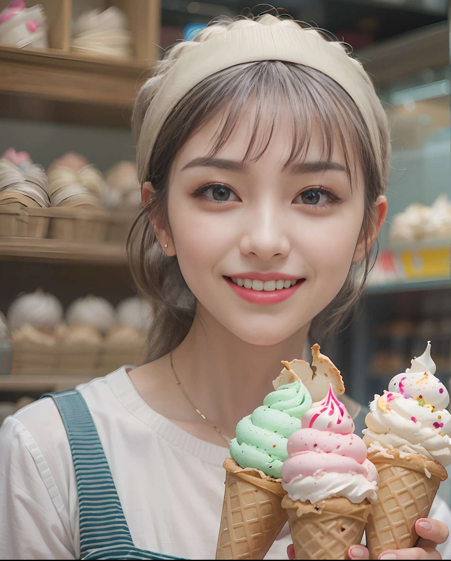 masutepiece、hight resolution、Ice cream shop clerk、30-year-old girl、1Girl clerk、Looking at the camera、smil、Finish as shown in the photo、the skin is white and beautiful、inner colored、
