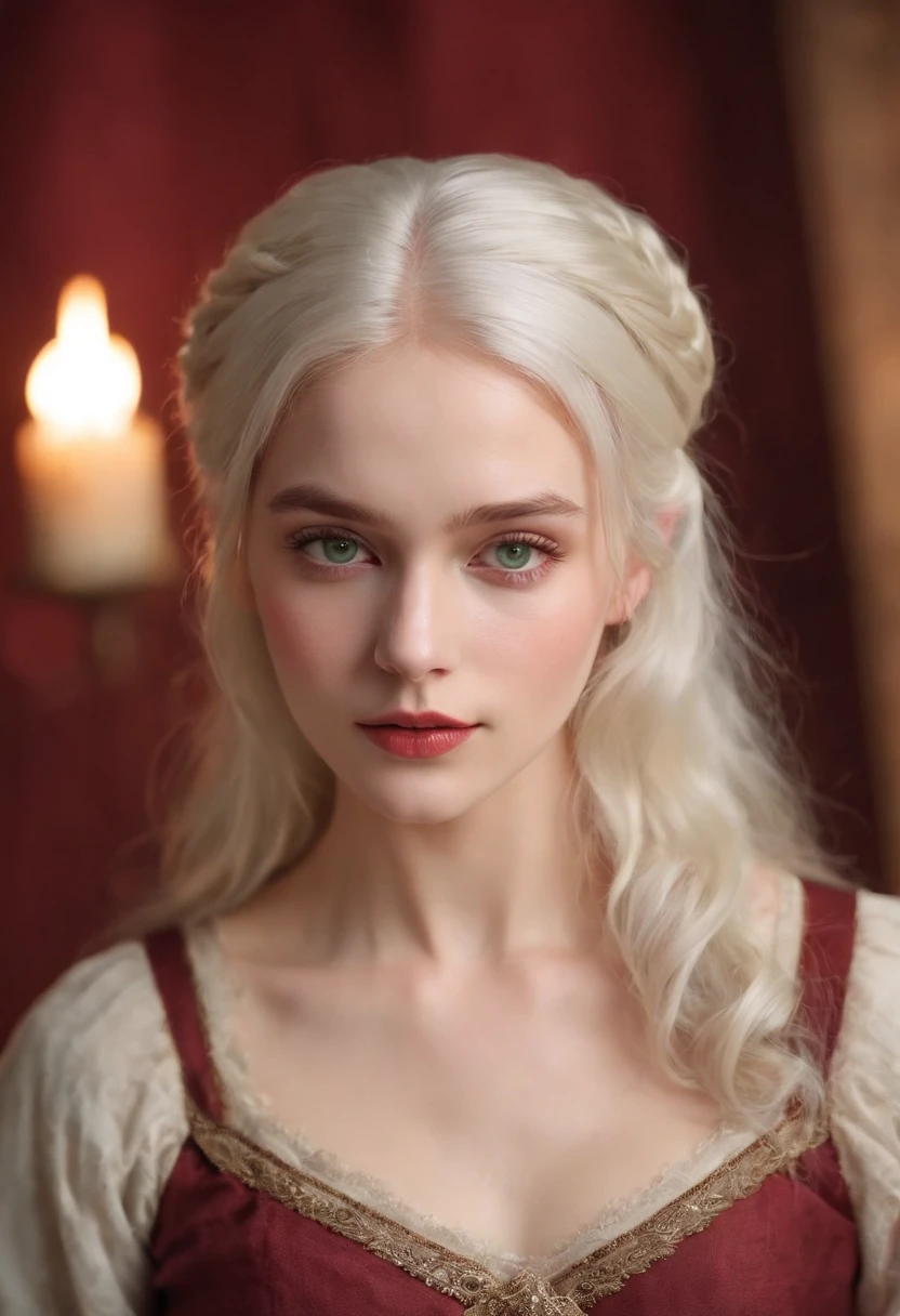 (((a deep reddish wound crosses her left cheek))) fair complexion, woman around 19 years old, natural white hair, distinctive green eyes, wearing kohl, slender and graceful, beautiful, candlelight in a medieval setting, ultra sharp focus, realistic shot, medieval female clothes, tetradic colors , naked girl (scar:1.4)
