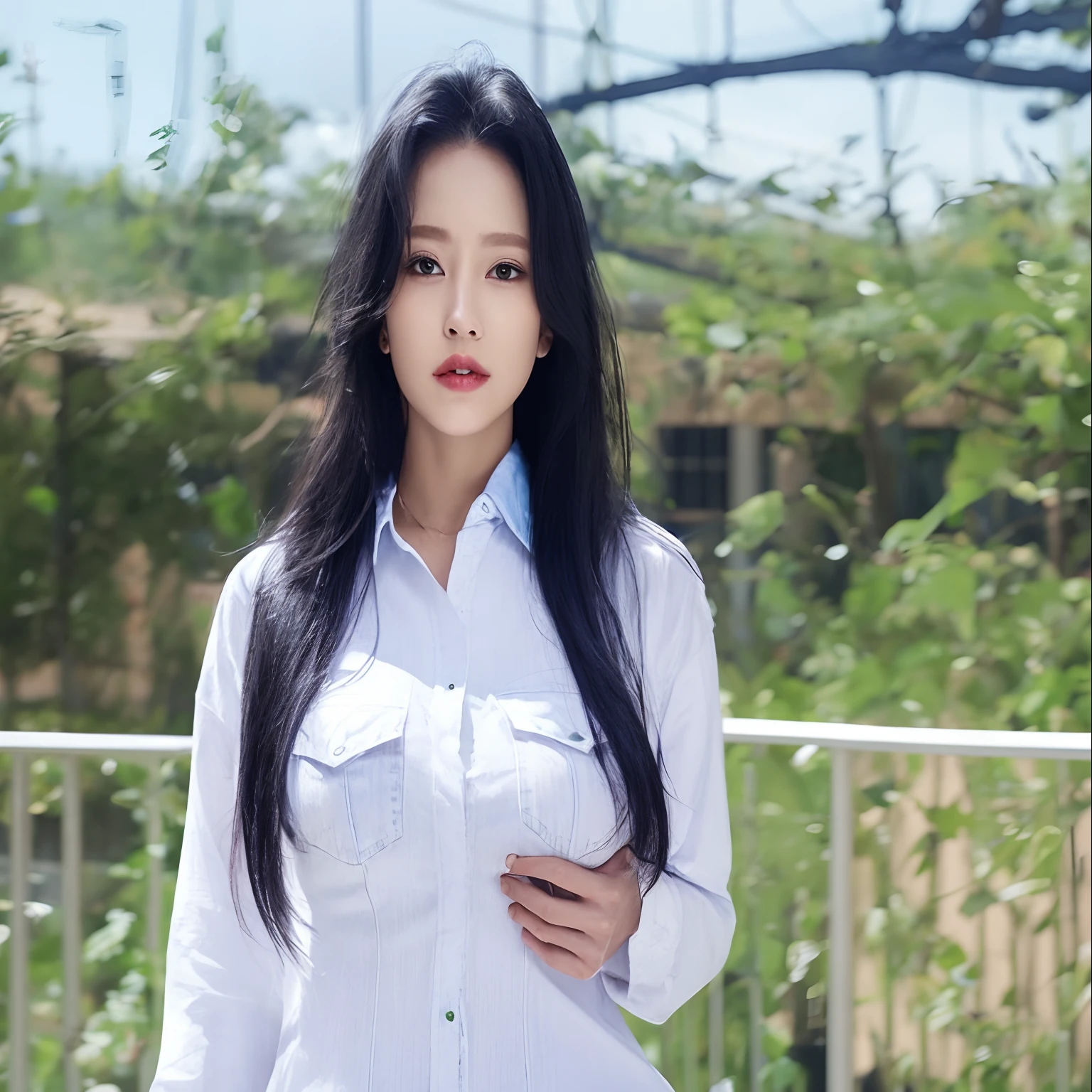 Big breast white shirt and jeans long black hair