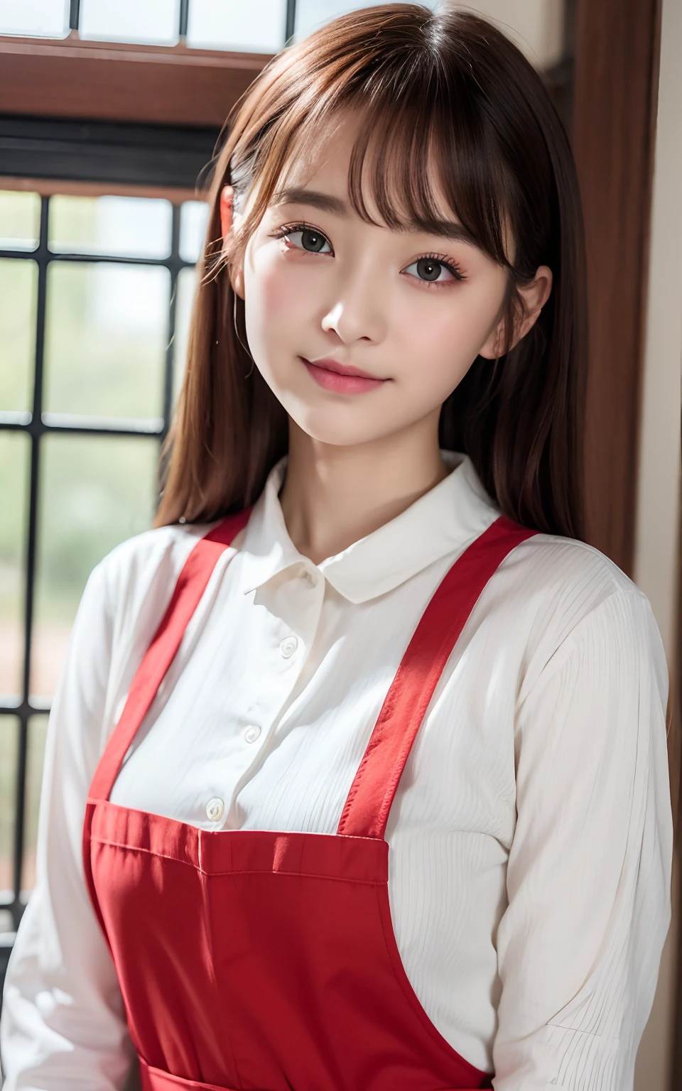 the Extremely Detailed CG Unity 8K Wallpapers、top-quality、ultra-detailliert、masterpiece、realisitic、Photo Real、extremely detailed cute girl、21-years old、red blush、cparted lips、roundly eyes、apron on naked、looking at the viewers、Semi-body shot、kitchin、partedbangs、huge tit