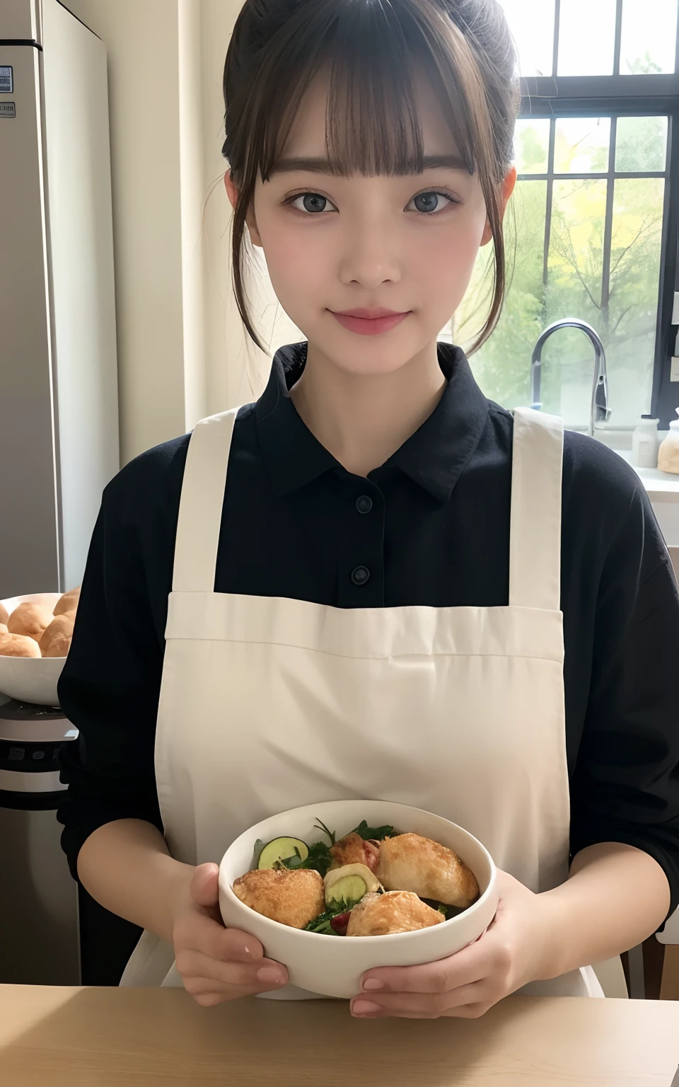 the Extremely Detailed CG Unity 8K Wallpapers、top-quality、ultra-detailliert、masterpiece、realisitic、Photo Real、extremely detailed cute girl、21-years old、red blush、cparted lips、roundly eyes、apron on naked、looking at the viewers、Semi-body shot、kitchin、partedbangs、huge tit