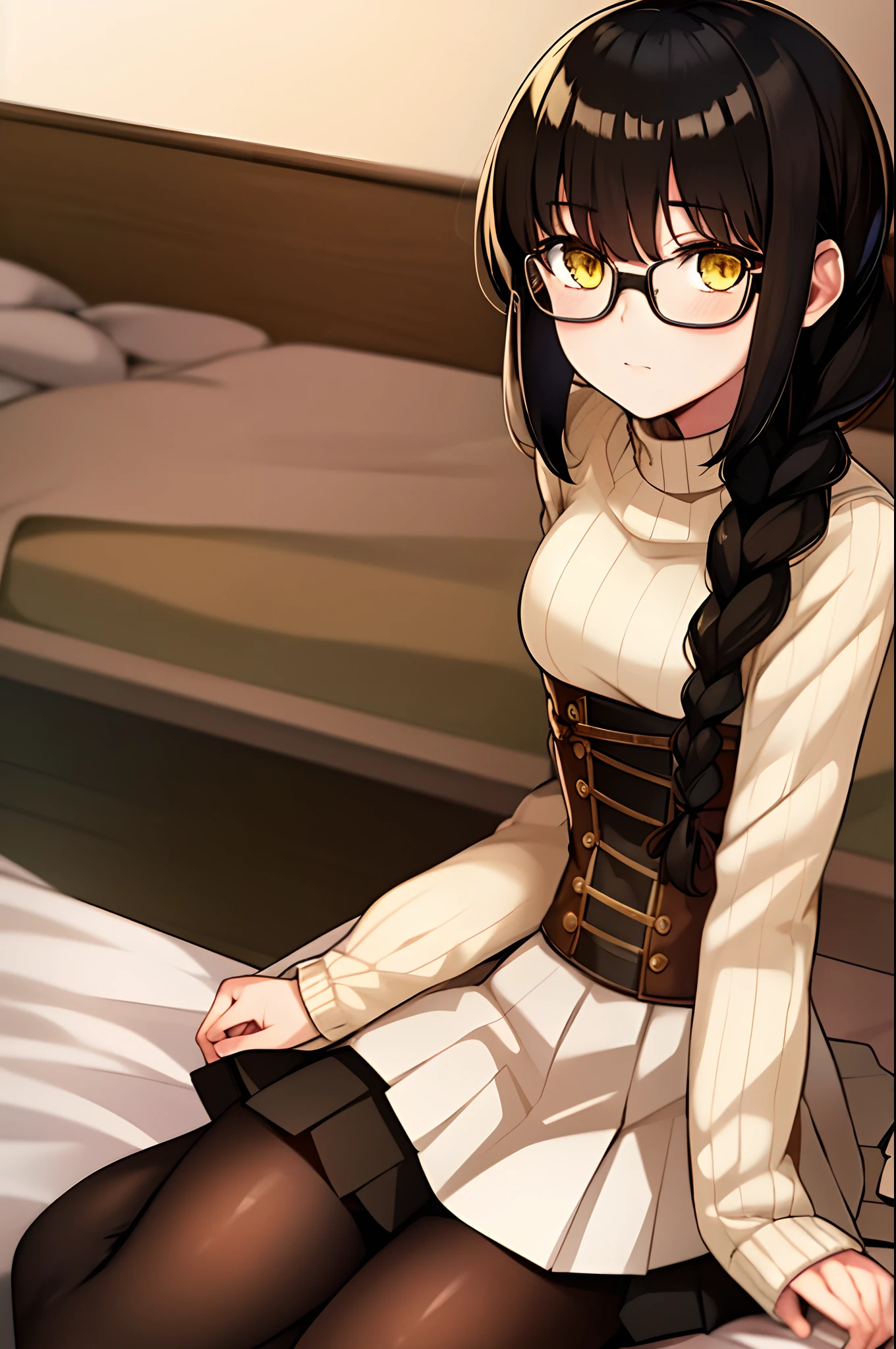 Ren, 1girl, solo, black hair, long braided pigtail, yellow eyes, glasses, khaki colored Sweater, corset, Pleated skirt, black pantyhose, sitting, on bed, masterpiece, best quality