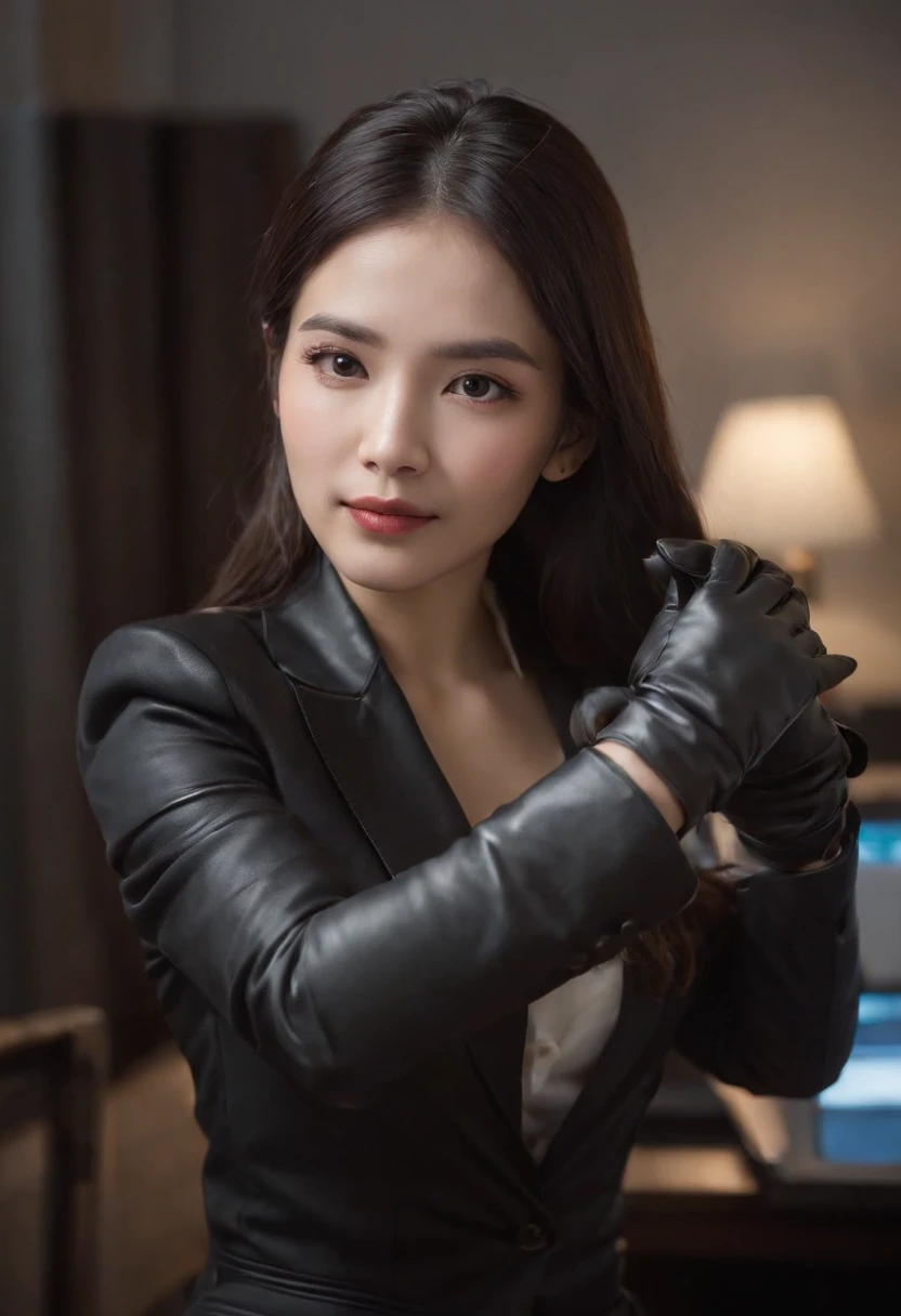 Wearing black leather gloves in both hands, upper body, black business suit, facing the desk in my room with a computer in the dark, operating indifferently while looking at the computer screen with the fingertips of black leather gloves, long black hair bundled in the back, still young, young and very cute face Japanese female new employee (black leather gloves cover both hands)