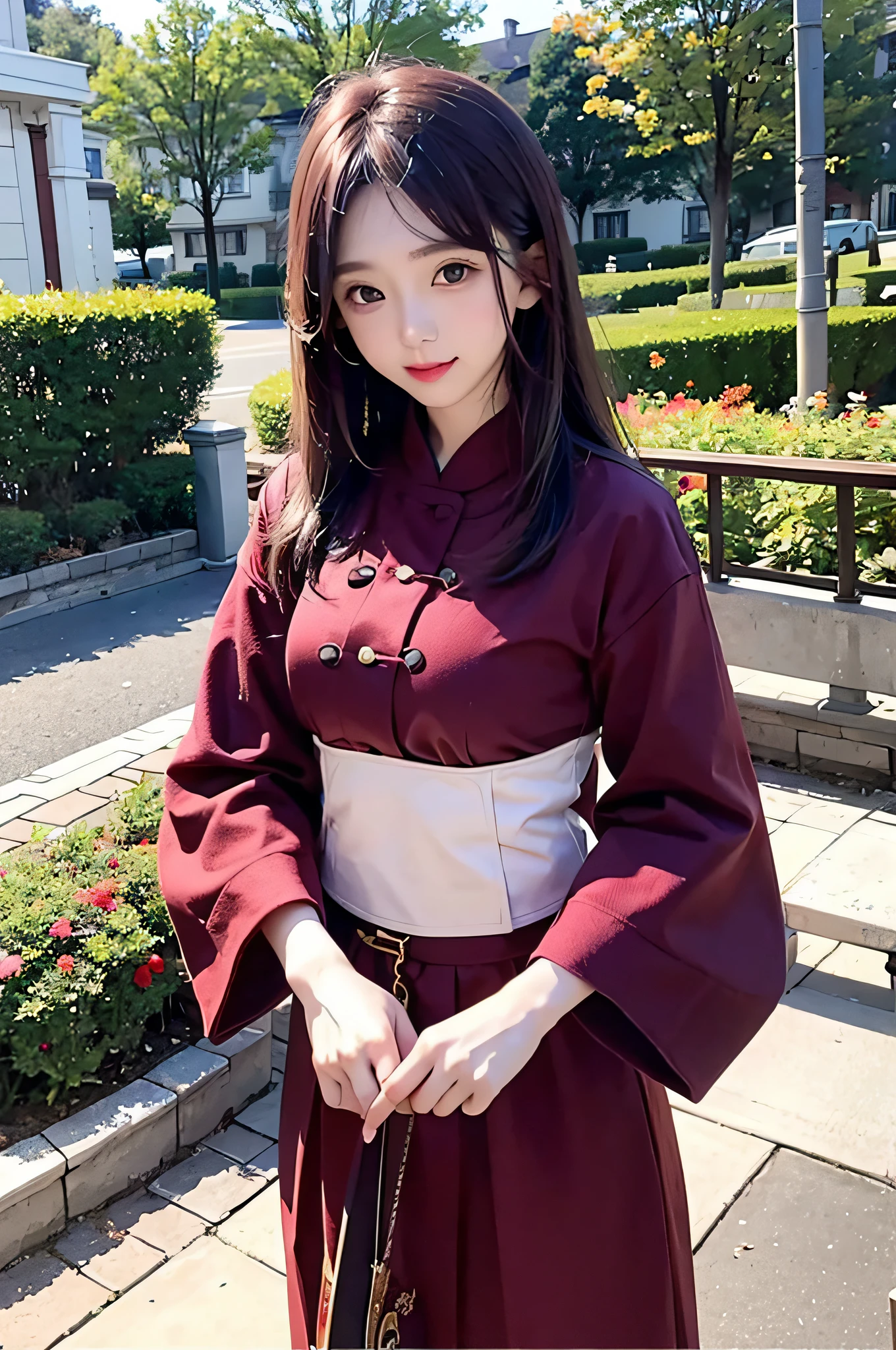 masterpiece、top-quality、Autumn costume、colourful hair、outside of house、Magazine covers、The upper part of the body、