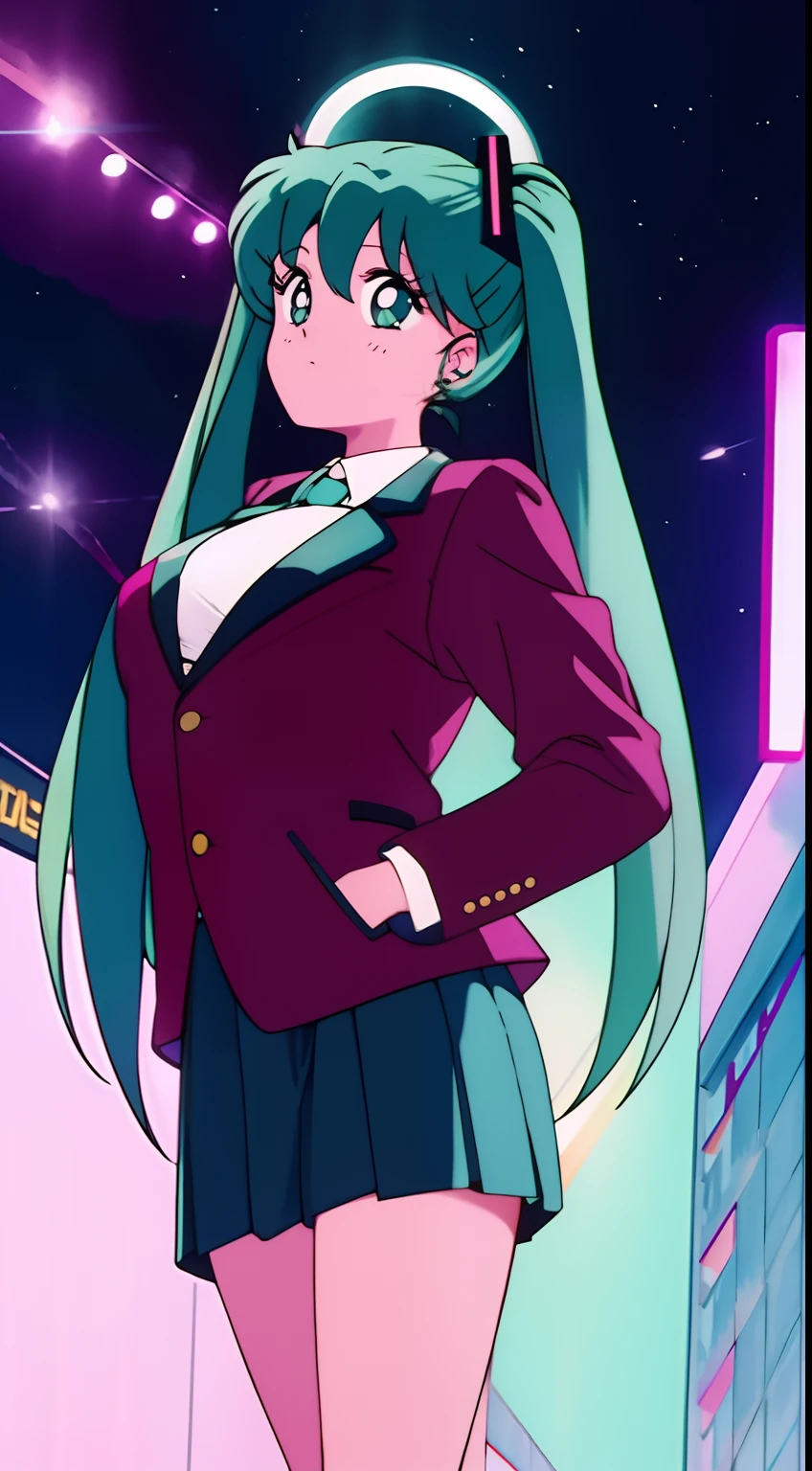 Wear a jacket,Big breasts Hatsune Miku,city neon light,looking at the stars