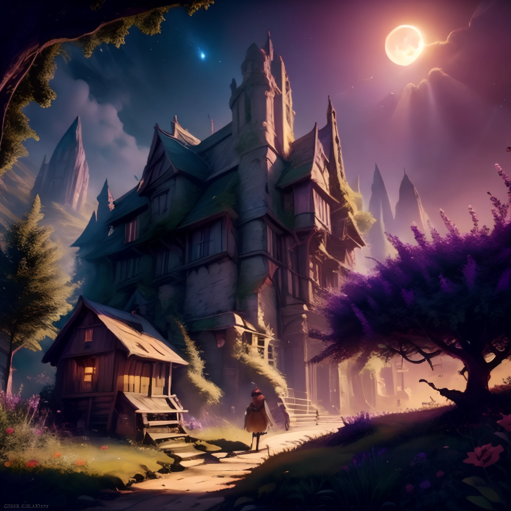 a woman walking down a path past a castle at night, inspirado em Andreas Rocha, Estilo Andreas Rocha, arte de fantasia urbana estilizada, arte do jogo de fantasia medieval, Pintado por Andreas Rocha, Arte de fantasia grande angular, Unreal Engine Arte de fantasia, realistic fantasy illustration, fantasy RPG book illustration, O estilo de Andreas Rocha, arte estilo fantasia