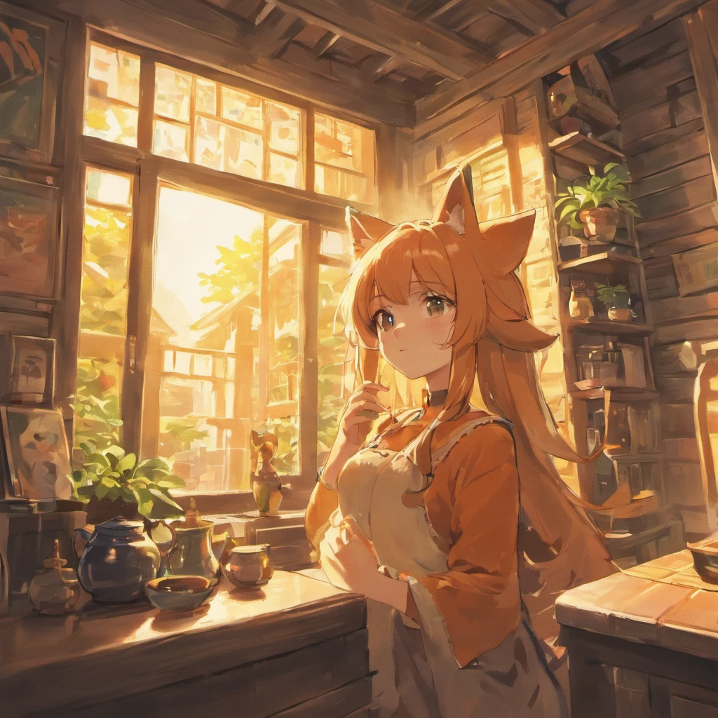 Anime character e Fox Girl , A large room, A lonely day, Fantasy treehouse, The room was full of possessions, Gibly's Studio Style, intricate golden fur, beautiful and big eyes, Warm room with a view of anime characters from behind, Sit in front of a warm barbecue, Comfortable room with fur carpet, afternoon snack, Plants on the dining table, Soft light through the windows