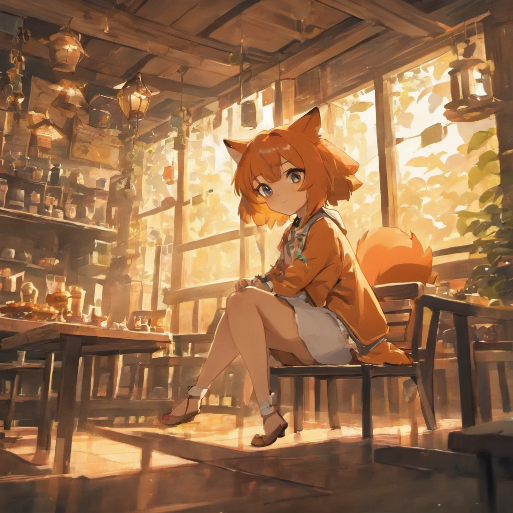 Anime character Little Cute Fox Girl , A large room, A lonely day, Fantasy treehouse, The room was full of possessions, Gibly's Studio Style, intricate golden fur, beautiful and big eyes, Warm room with a view of anime characters from behind, Sit in front of a warm barbecue, Comfortable room with fur carpet, afternoon snack, Plants on the dining table, Soft light through the windows