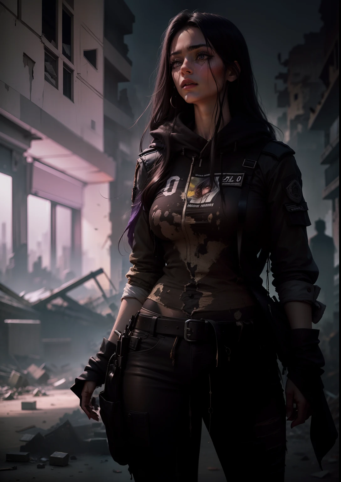 olho violeta, olho roxo, background of a destroyed city, fundo uma cidade de escombros cinzenta, roupa toda preta, roupa de agente, roupa de detetive, roupa preta