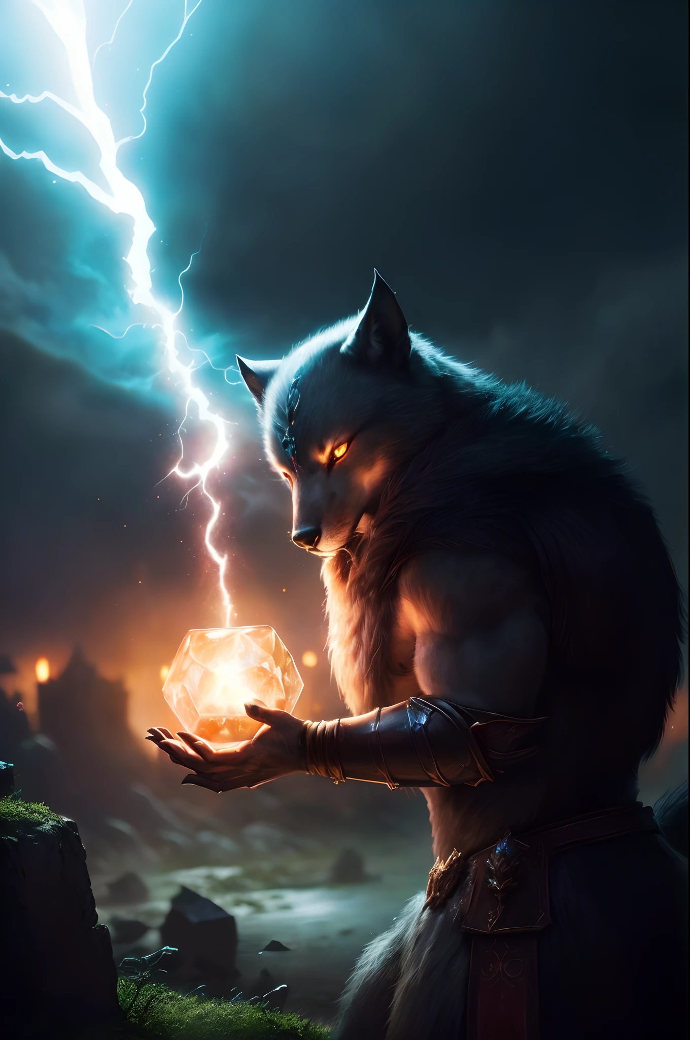 There is a cat that is holding a crystal in his hand, arte fantasia behance, Detailed lighting and thunder, arte de fantasia peluda, Epic Fantasy Digital Art Style, realistic fantasy illustration, (octan render) estilo fantasia, Directed by: Adam Marczyński, Epic fantasy art style, d & D Arte Digital Fantasia, arte digital dnd fantasy, retrato do lobo da fantasia, Fenrir