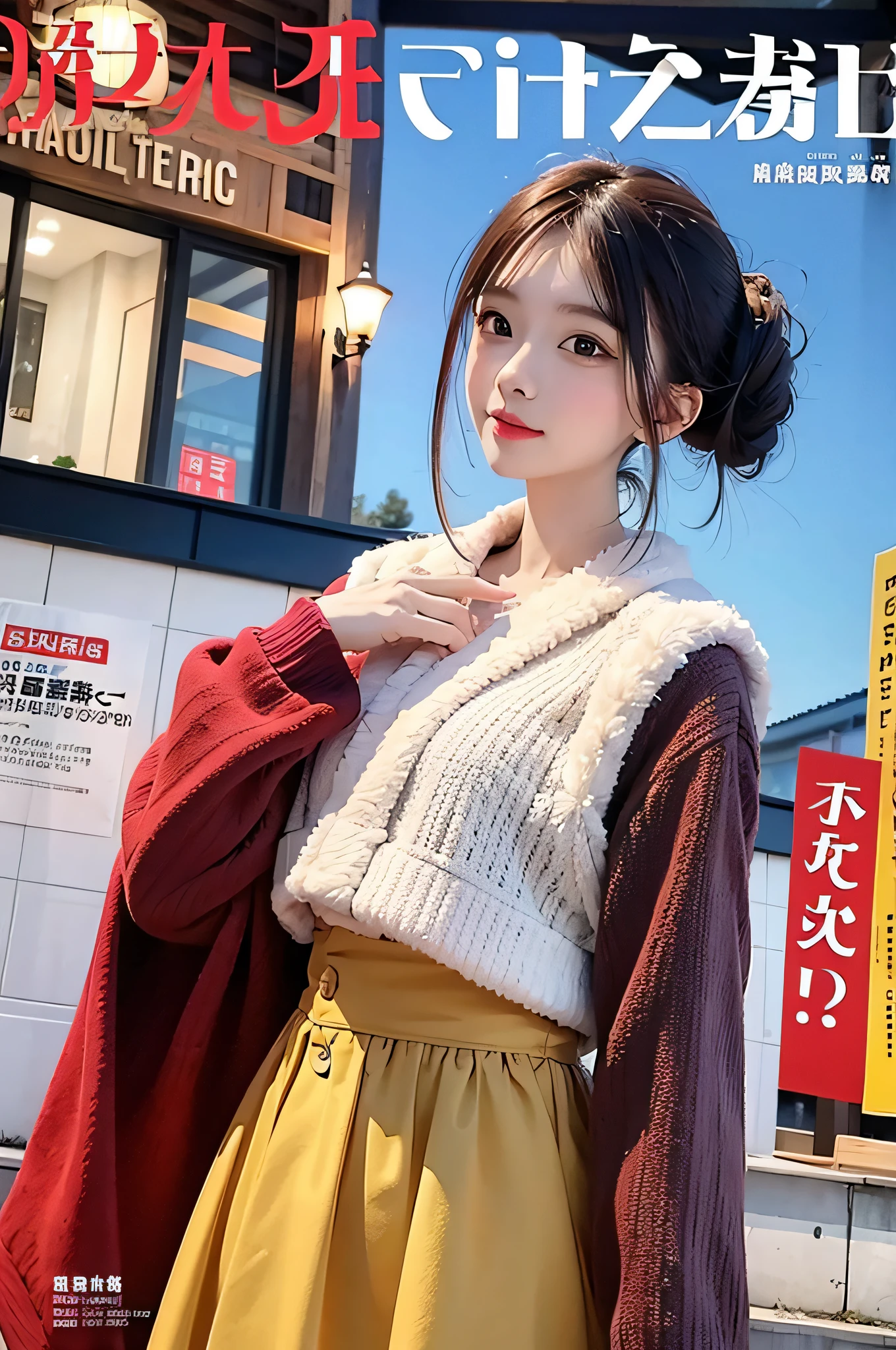 masterpiece、top-quality、Autumn costume、colourful hair、outside of house、Magazine covers、The upper part of the body、
