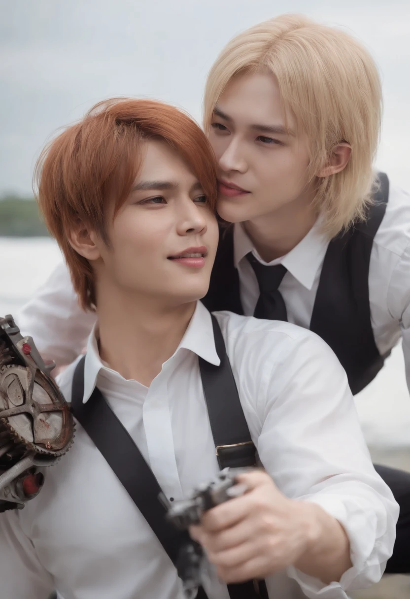 open mouth,(kiss),best quality, insanely detailed,1girl,1boy, sitting,in-flight and and (1boy:1.4) BLOND HAIR, denji (chainsaw man),and 1gir,makima (chainsaw man), best quality, ultra detailed, 1girl, , standing, red hair, long braided hair, golden eyes, bangs,, large boobs, stare, smile, (evil:1.2),, makima (chainsaw man),shirt, sidelocks, solo, uniform, white shirt, black necktie, black pants