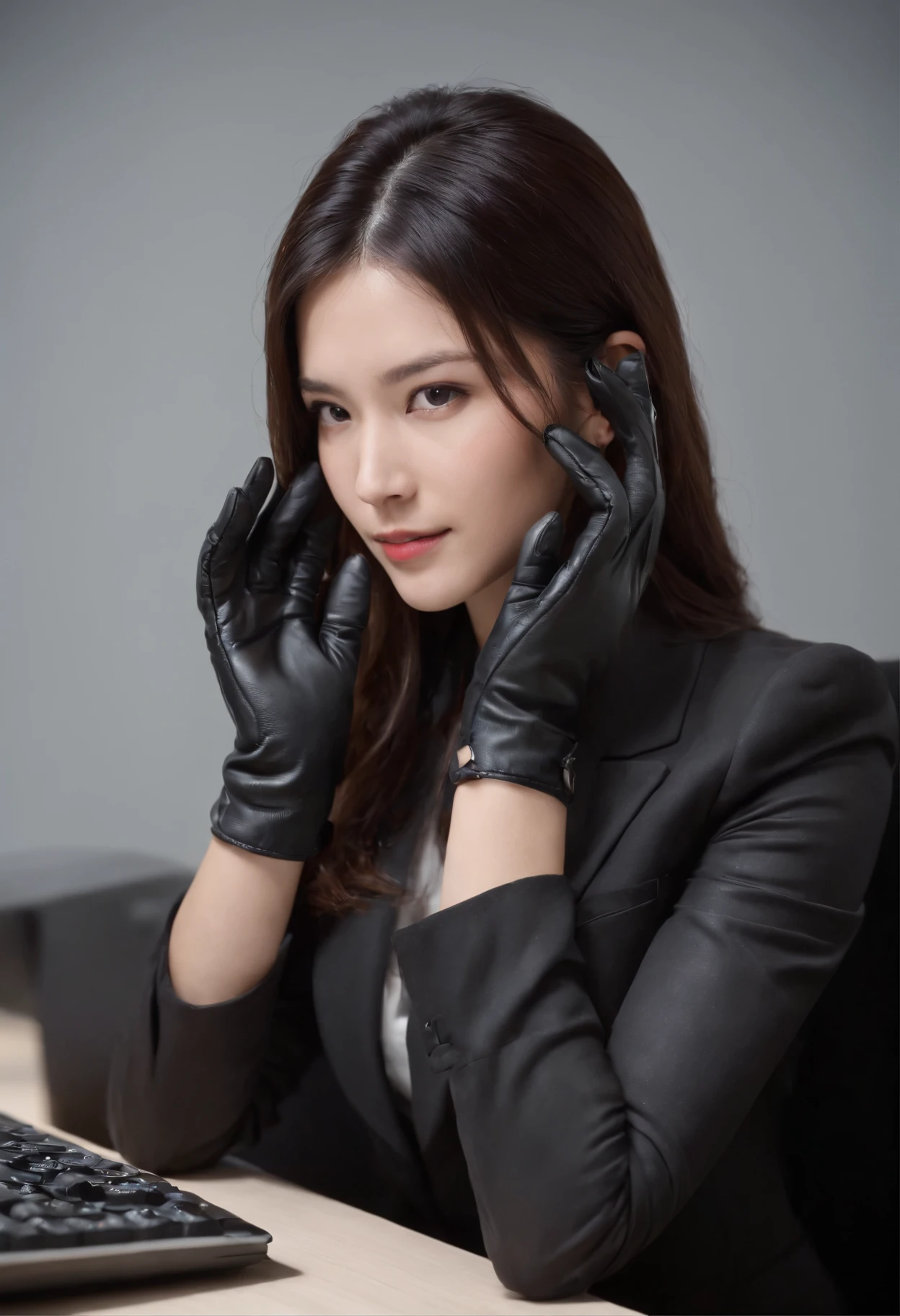 Wearing black leather gloves in both hands, upper body, black business suit, facing the desk in my room with a computer in the dark, operating indifferently while looking at the computer screen with the fingertips of black leather gloves, long black hair bundled in the back, still young, young and very cute face Japanese female new employee (black leather gloves cover both hands)