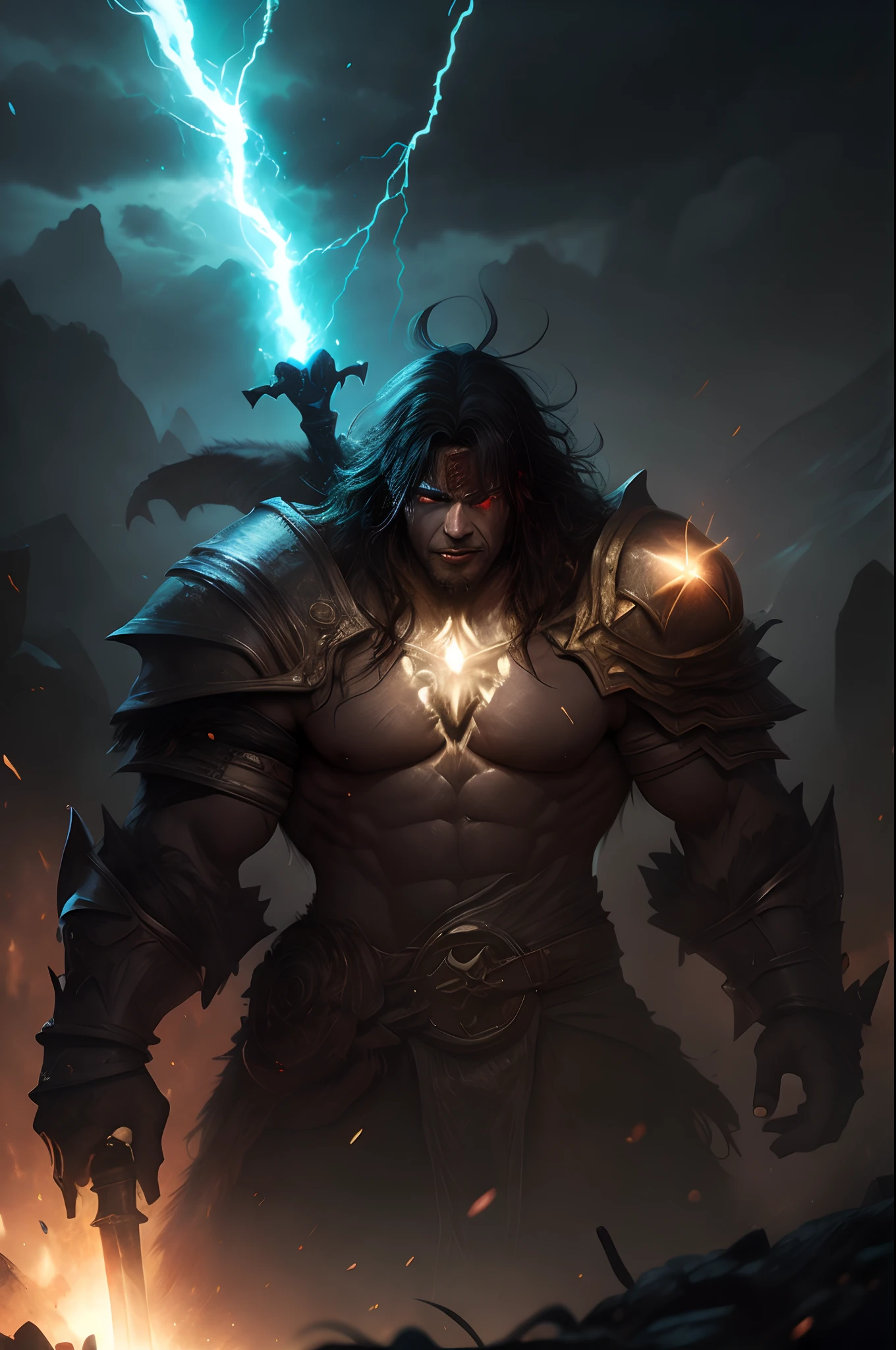 A closeup of a man with a lightning bolt in his hand, arte conceitual digital diablo, Directed by: Arthur Pan, Directed by: Isidore Kršnjavi, por Yang J, arte de estilo fantasia escura, Guilherme H. Pongiluppi, Arte de fantasia 4k, Directed by: Aleksi Briclot, d&d trending on artstation, arte fantasia behance